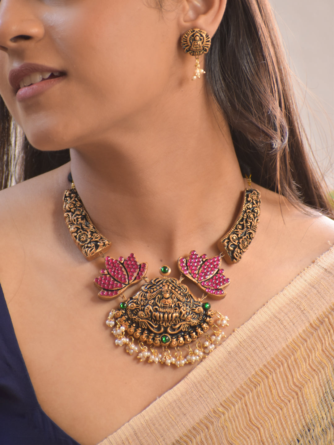 Padmavati — Terracotta Antique Gold Lotus Necklace with Intricate Carvings Lakshmi Pendant with Earrings