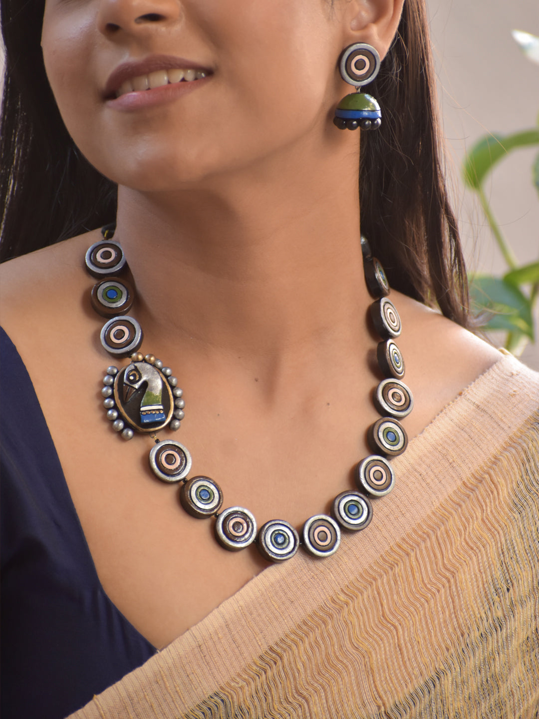 Terracotta Circular Bead Necklace with Abstract Bird Pendant with Earrings