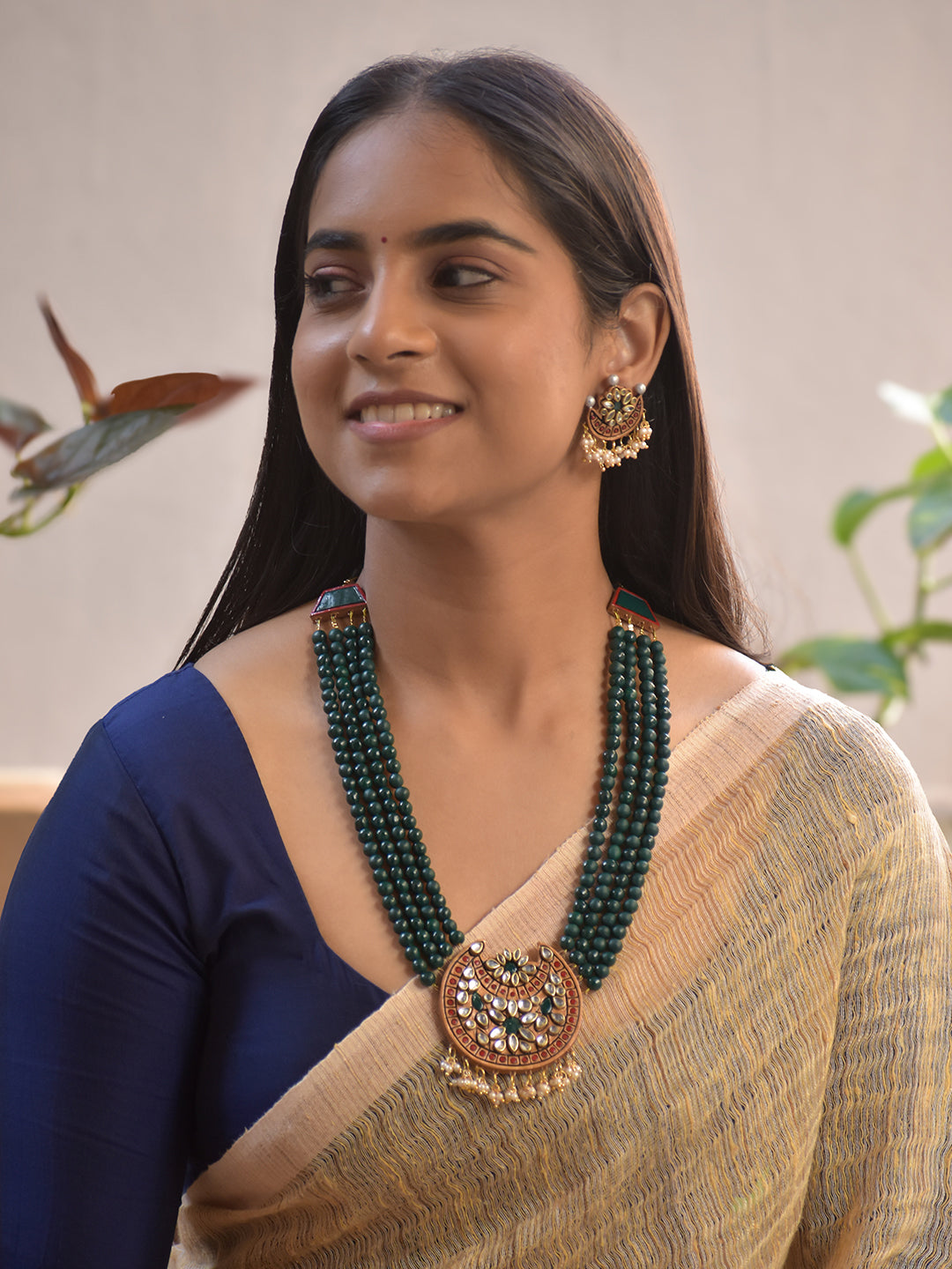 Glass Green Beaded Kundan Necklace with Terracotta Crescent Pendant with Earrings