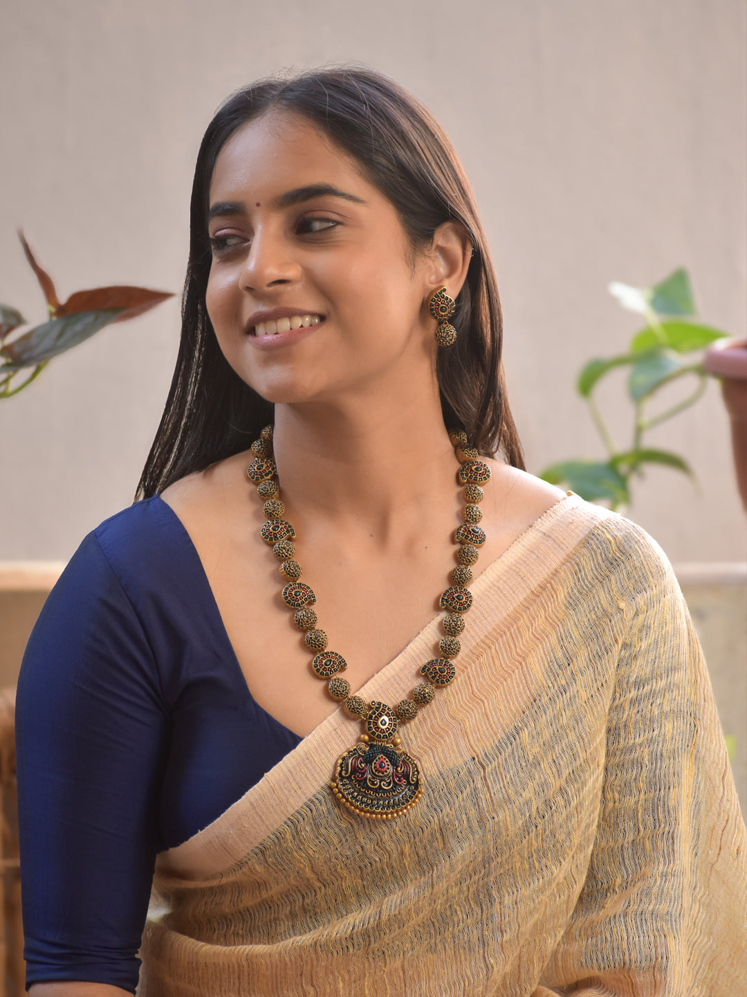 Terracotta Antique Gold Red Green Peacock Pendant Necklace Set with Earrings