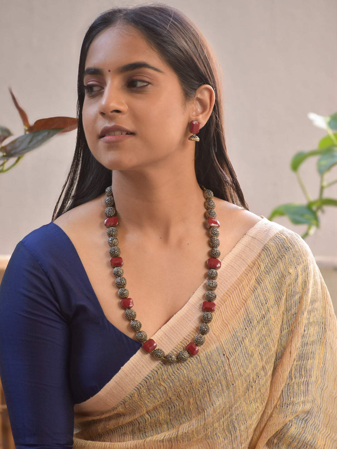 Terracotta Red and Antique Gold Beaded Necklace Set with Earrings