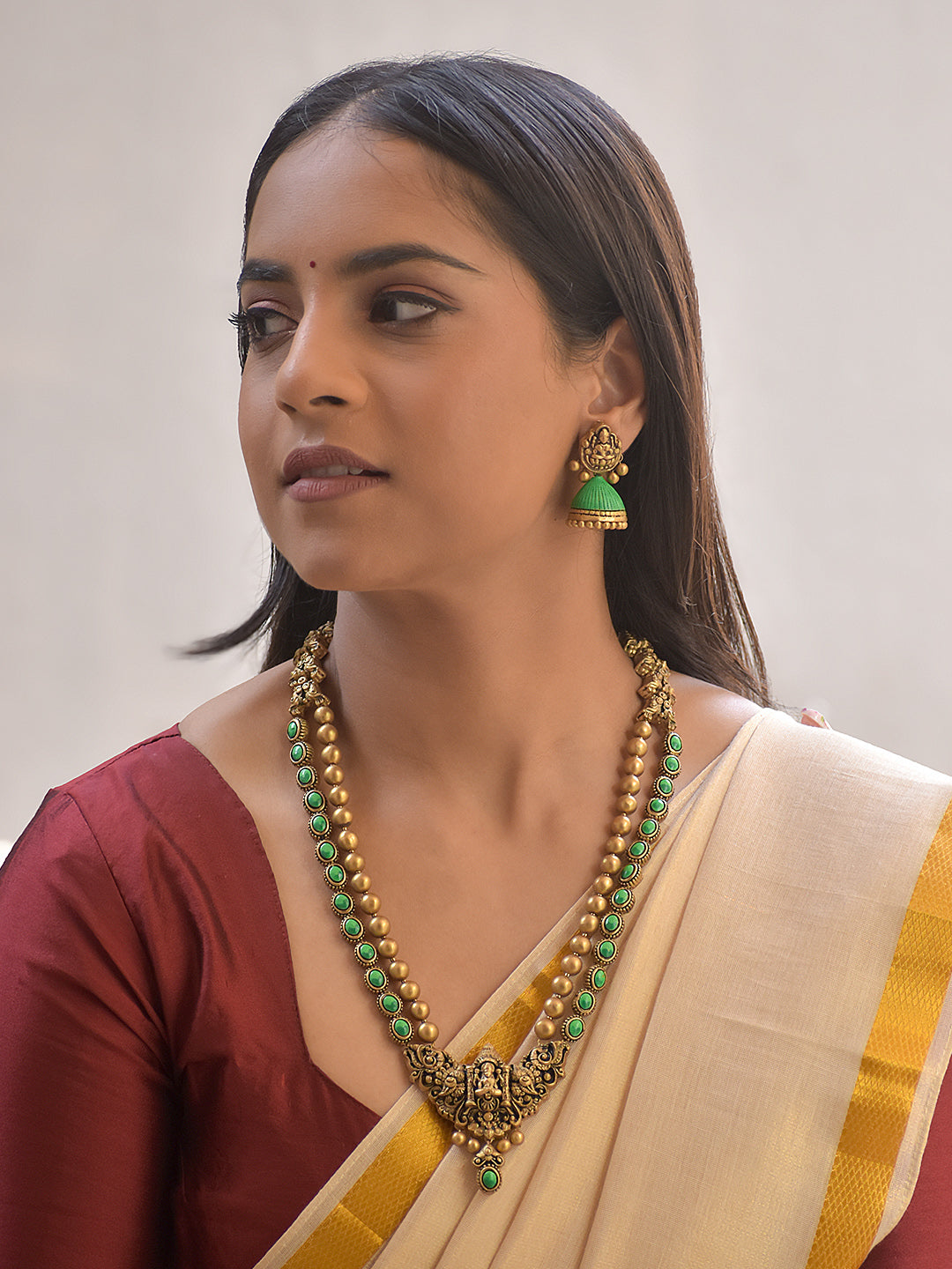 Harini – Terracotta Lakshmi Pendant Long Necklace Set with Green Stone Accents