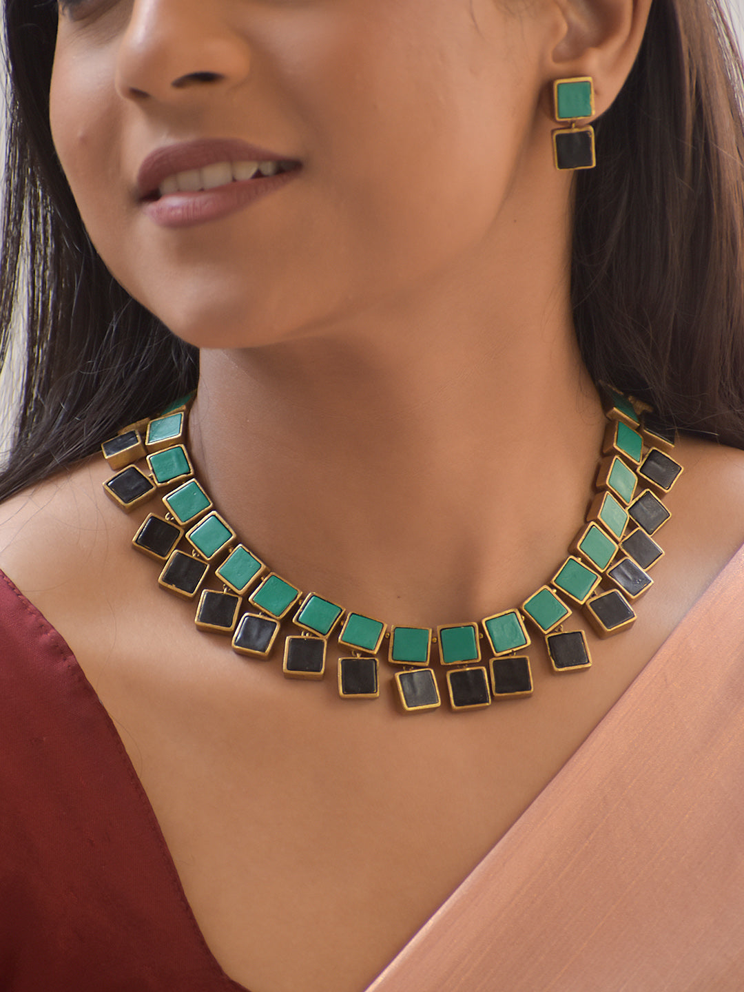 Trilok – Handmade Terracotta Square-Tile Necklace Set in Green–Black Dual Tones with Minimalist Stud Earrings
