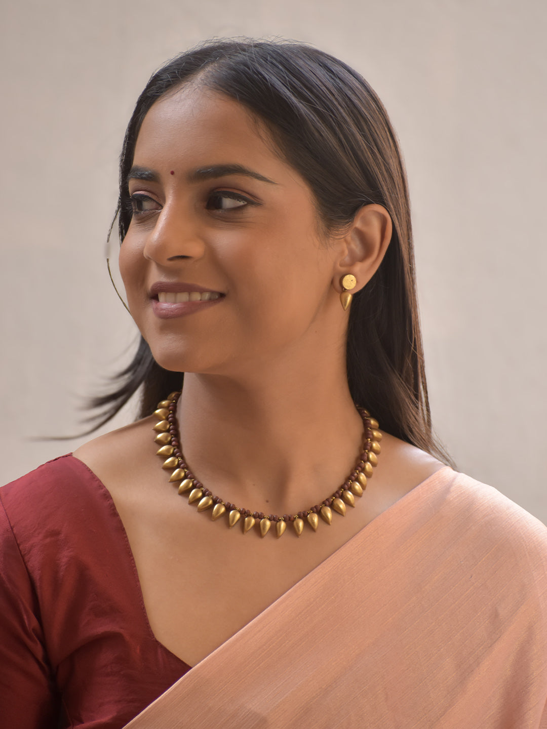 Bindurekha – Handmade Terracotta Teardrop Necklace Set in Gold with Maroon Beads