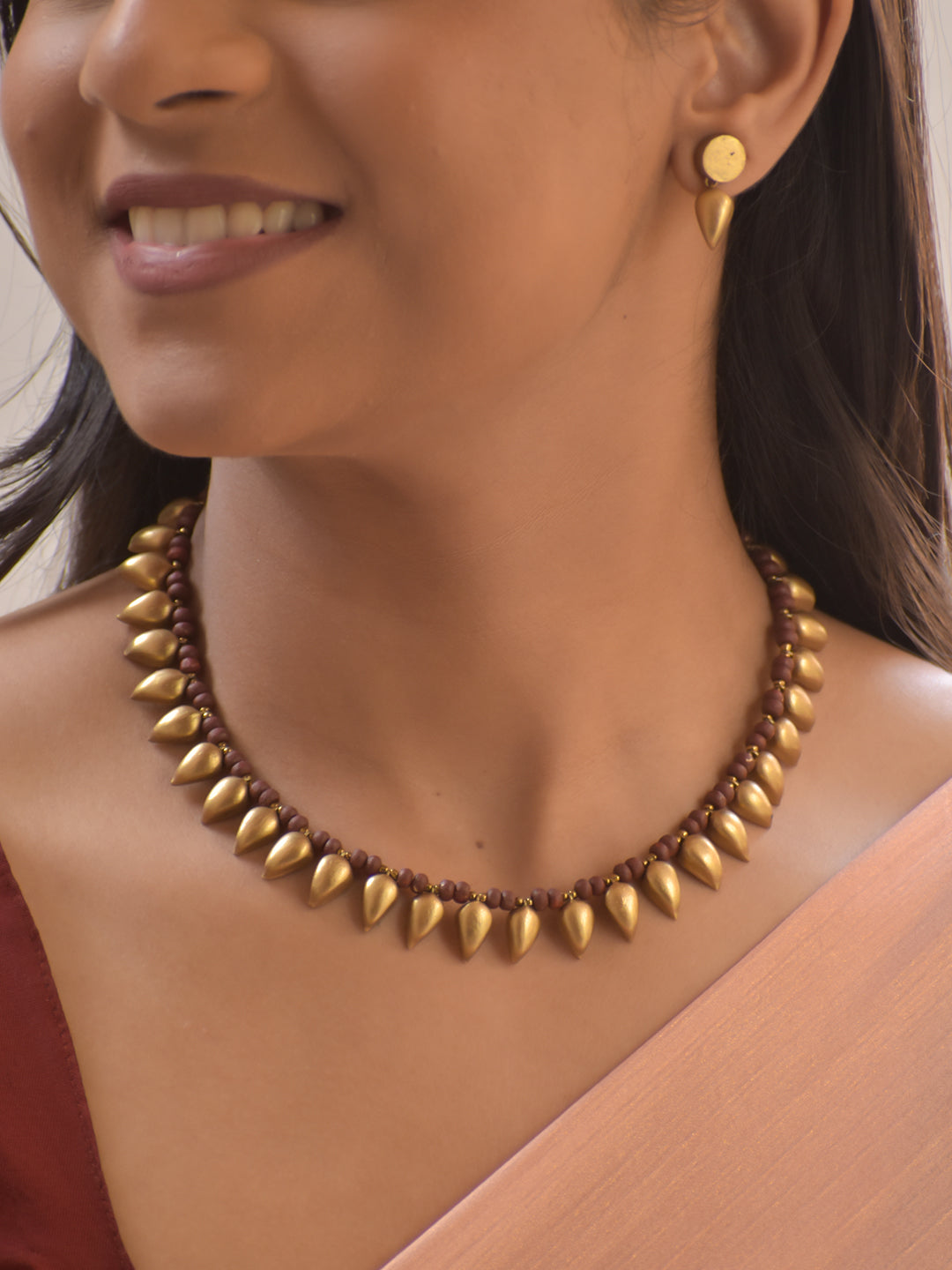 Bindurekha – Handmade Terracotta Teardrop Necklace Set in Gold with Maroon Beads