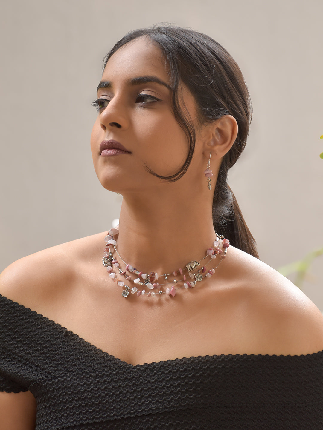 Rosélia – Pink Rose Quartz & Agate Gemstone Necklace with German Silver Motifs