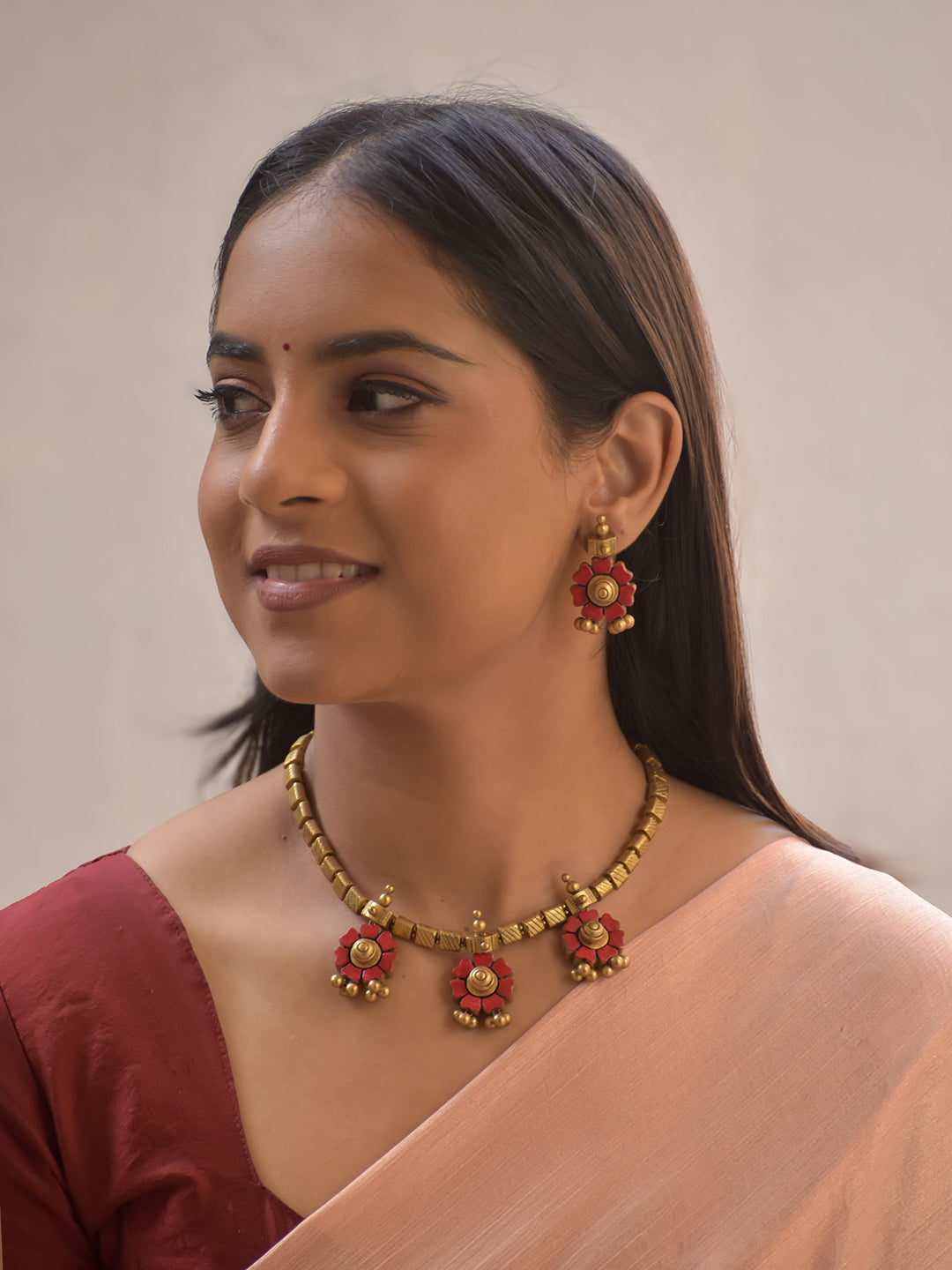 Pankhurika – Handmade Terracotta Floral Necklace Set with Pink Petal Motifs and Antique Gold Bead Drops