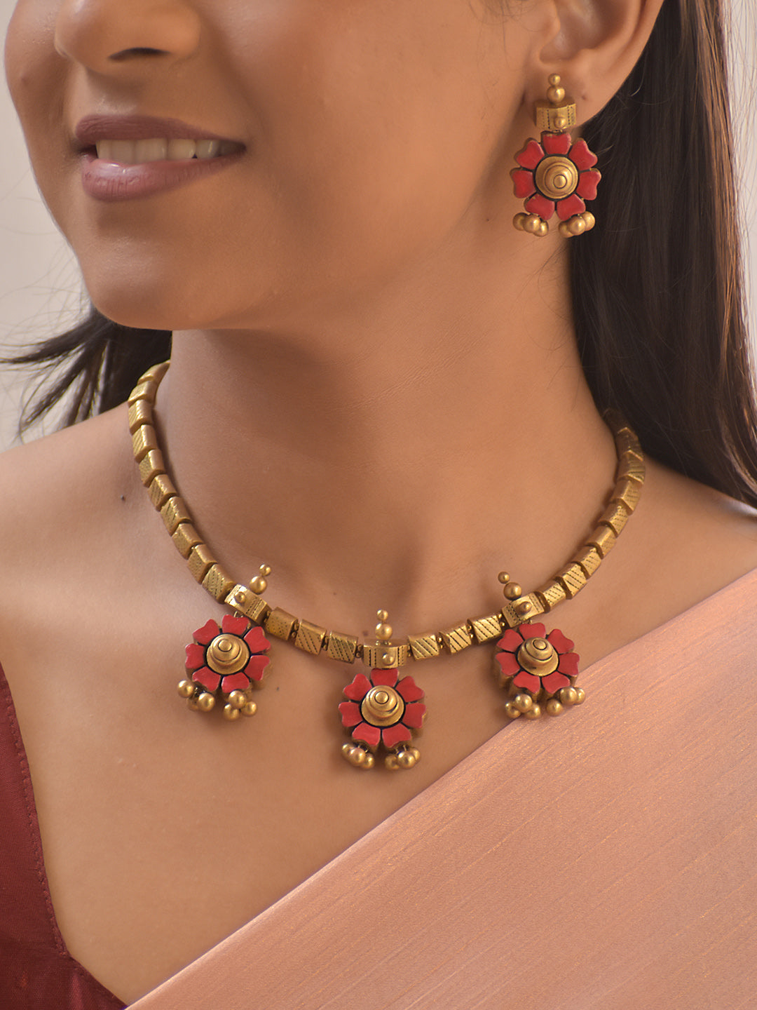 Pankhurika – Handmade Terracotta Floral Necklace Set with Pink Petal Motifs and Antique Gold Bead Drops