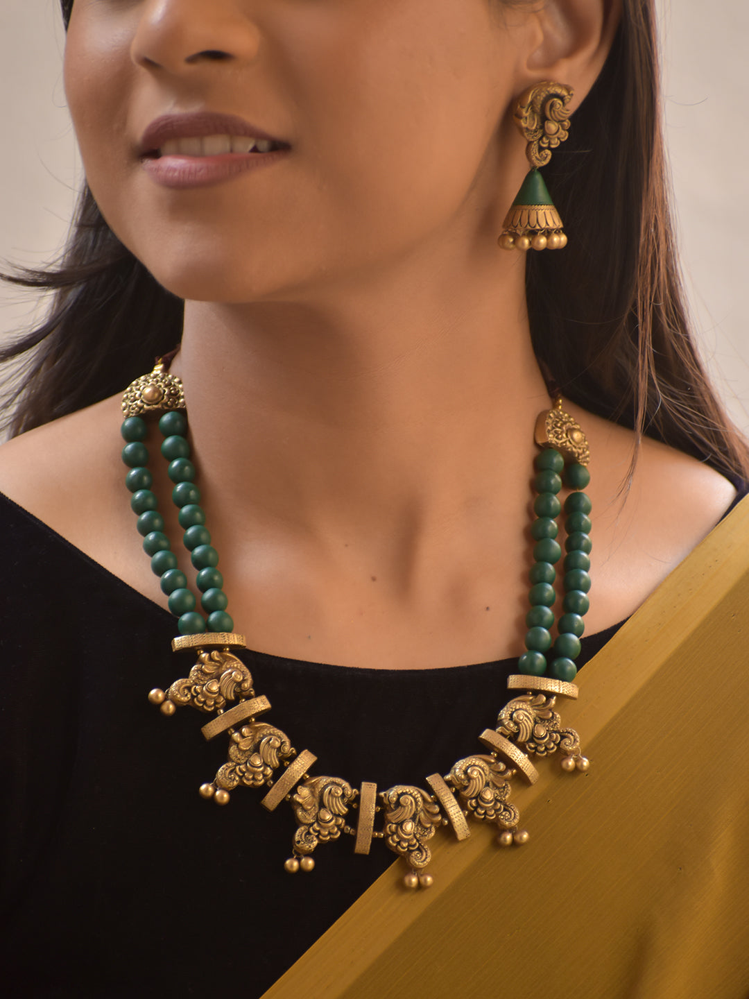 Hemangika – Terracotta Temple Necklace Set with Dual Green Bead Strands and Antique Peacock Motifs