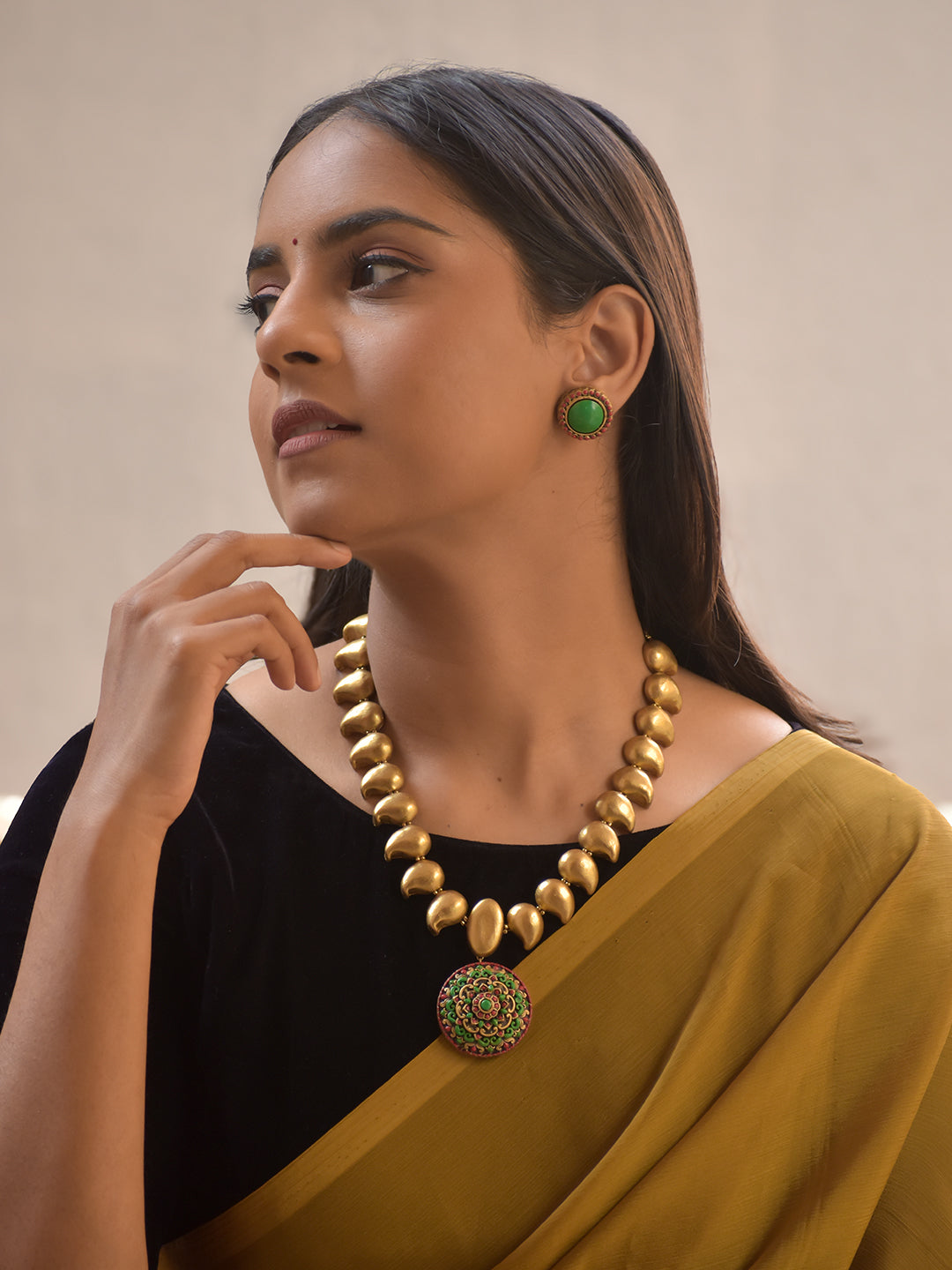 Mandaleeka – Handmade Terracotta Mandala Necklace Set with Antique Gold Beads and Green–Pink Detailing