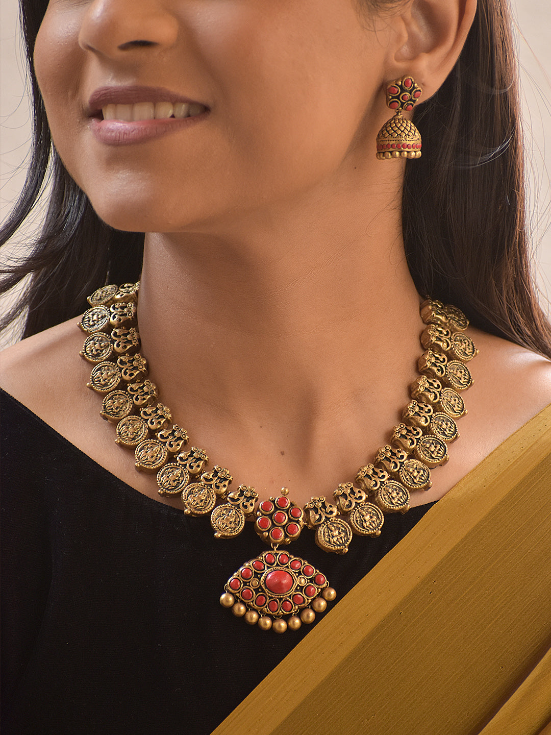 Raktima – Handmade Terracotta Antique Gold Necklace Set with Bold Red Stones and Temple Motif Earrings