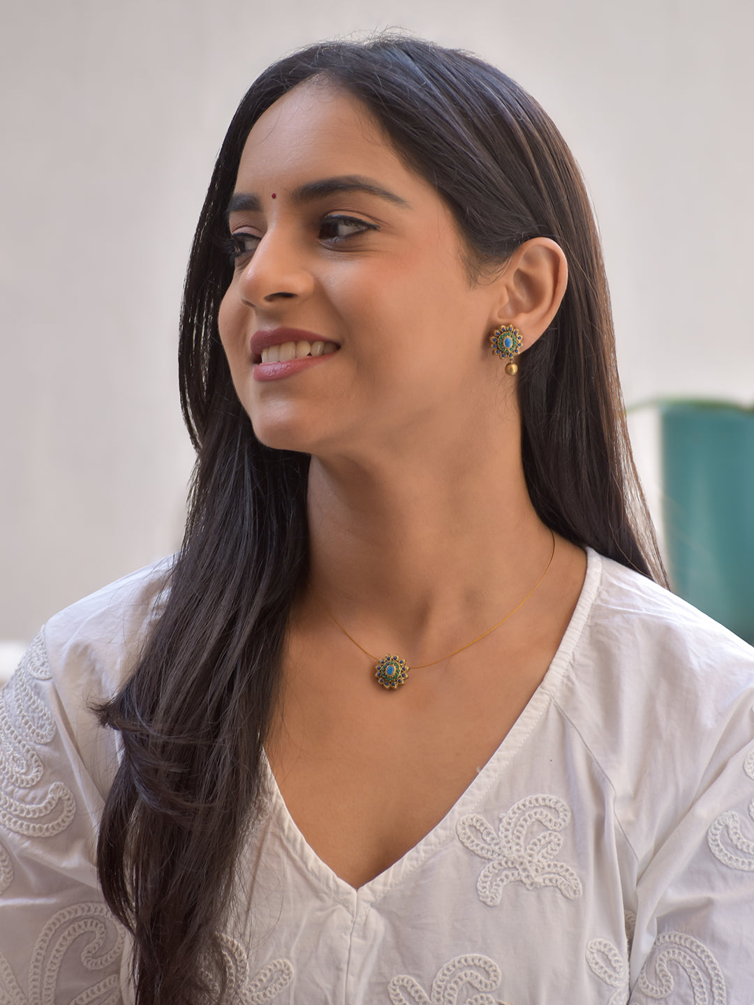 Terracotta Floral Sunburst Pendant Necklace with Matching Drop Earrings