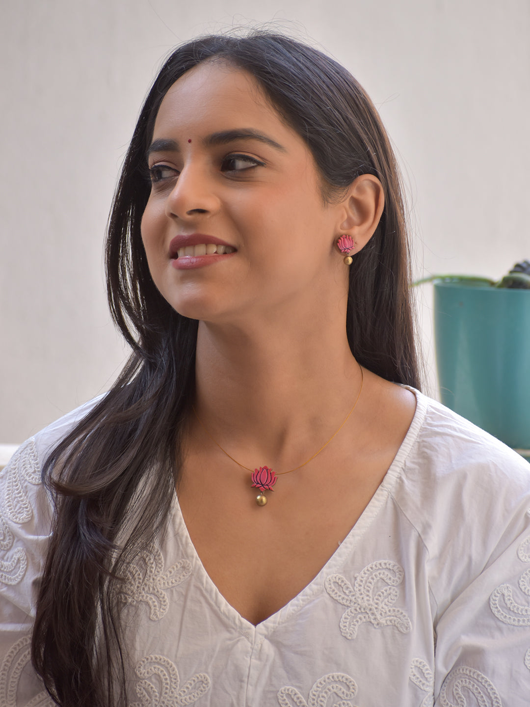 Terracotta Pink Lotus Pendant Necklace with Matching Stud Earrings