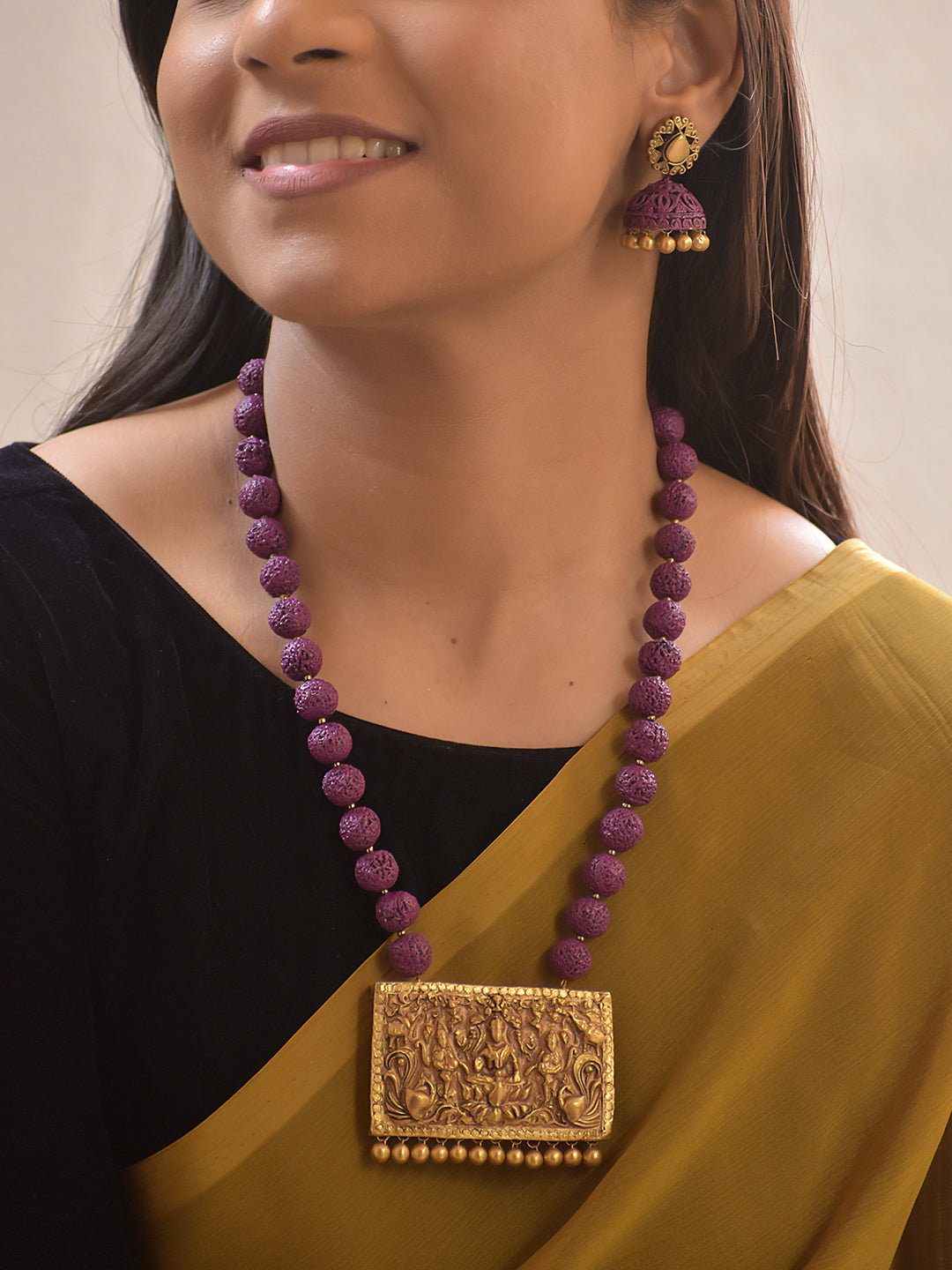 Vishwakanti – Handmade Terracotta Lakshmi Necklace Set with Purple Beads and Antique Gold Temple Pendant