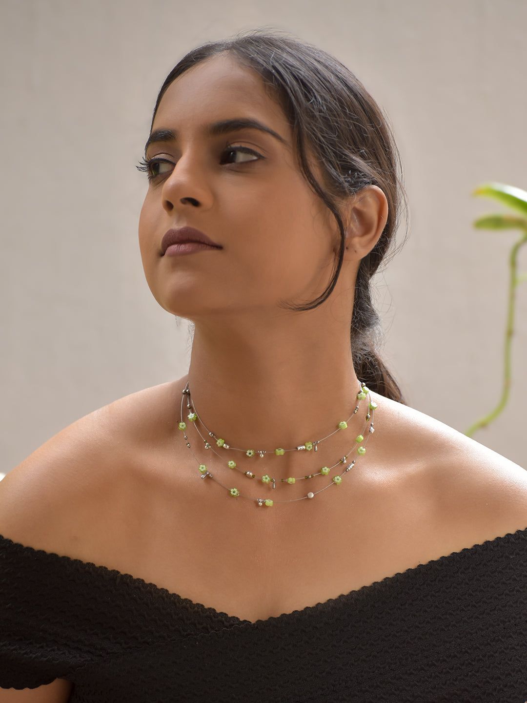 ZyraLeaf – Multi-Layer Green Floral Beaded Necklace with German Silver Accents