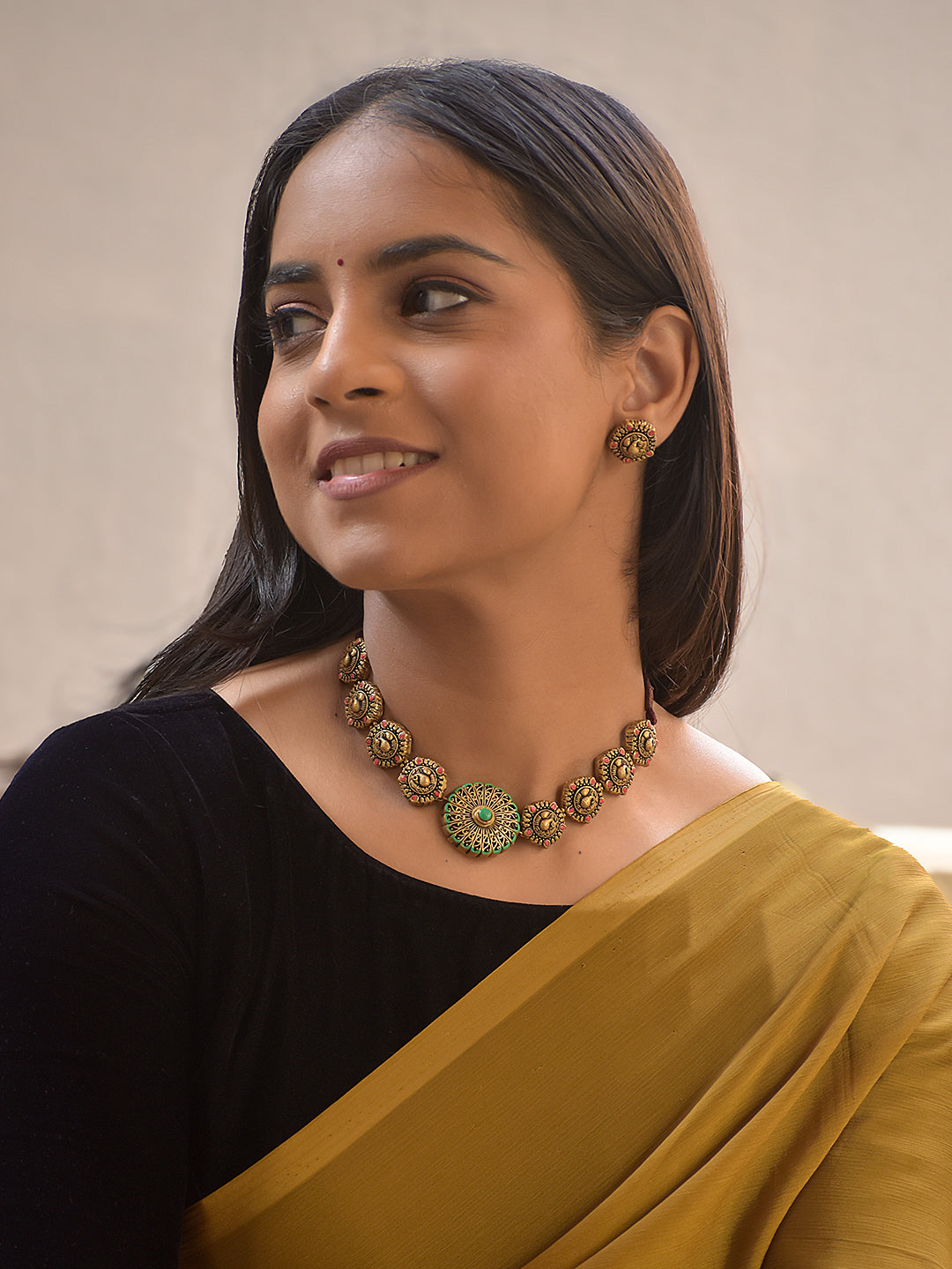 Padmaratha – Handmade Terracotta Antique Gold Coin Necklace Set with Pink Accents and Green Lotus Medallion Pendant