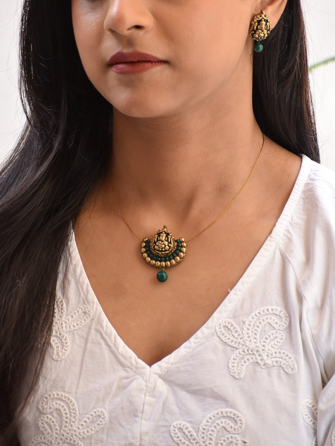 Terracotta Temple Pendant Necklace with Green Bead Drop & Matching Stud Earrings