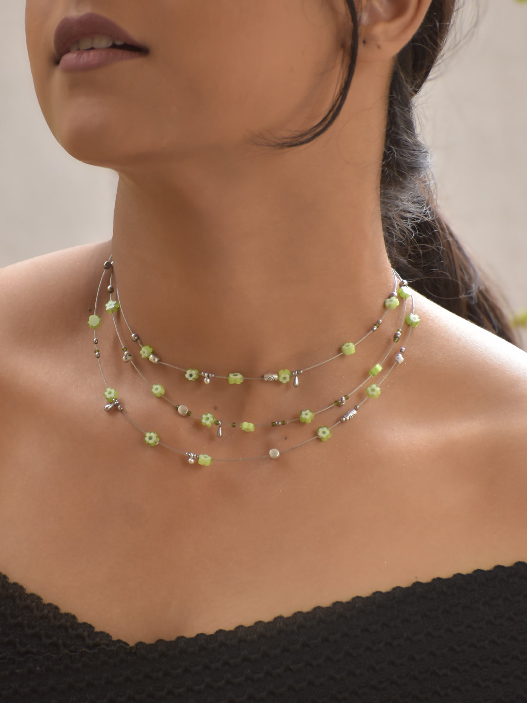 ZyraLeaf – Multi-Layer Green Floral Beaded Necklace with German Silver Accents