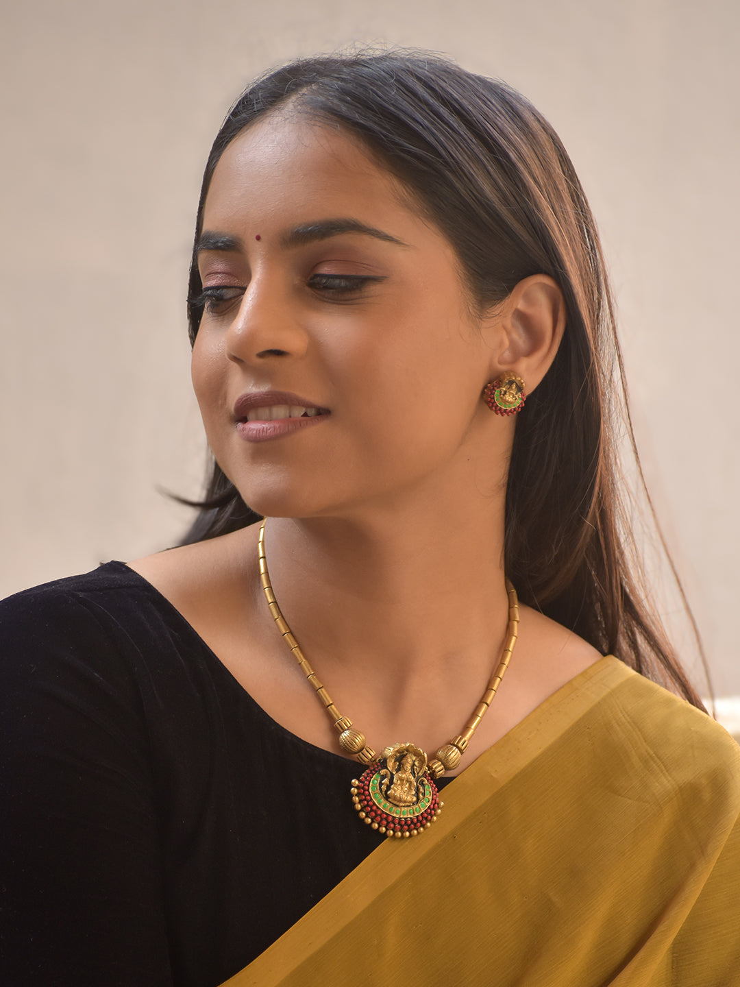 Shubhalakshmi – Handmade Terracotta Lakshmi Necklace Set with Red–Green Detailing and Antique Gold Beads