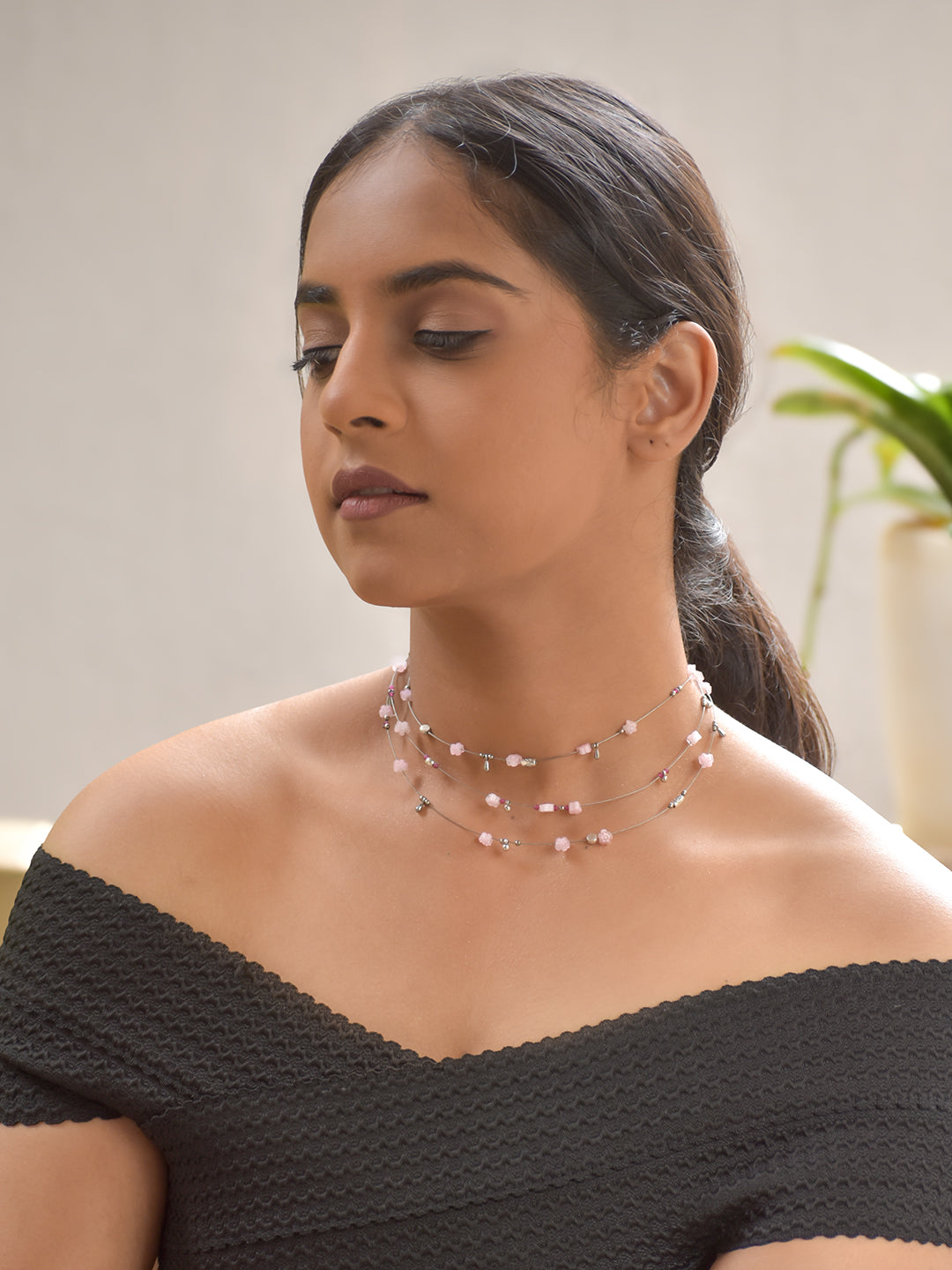 RoséBloom – Multi-Layer Pink Floral Beaded Necklace with German Silver Accents