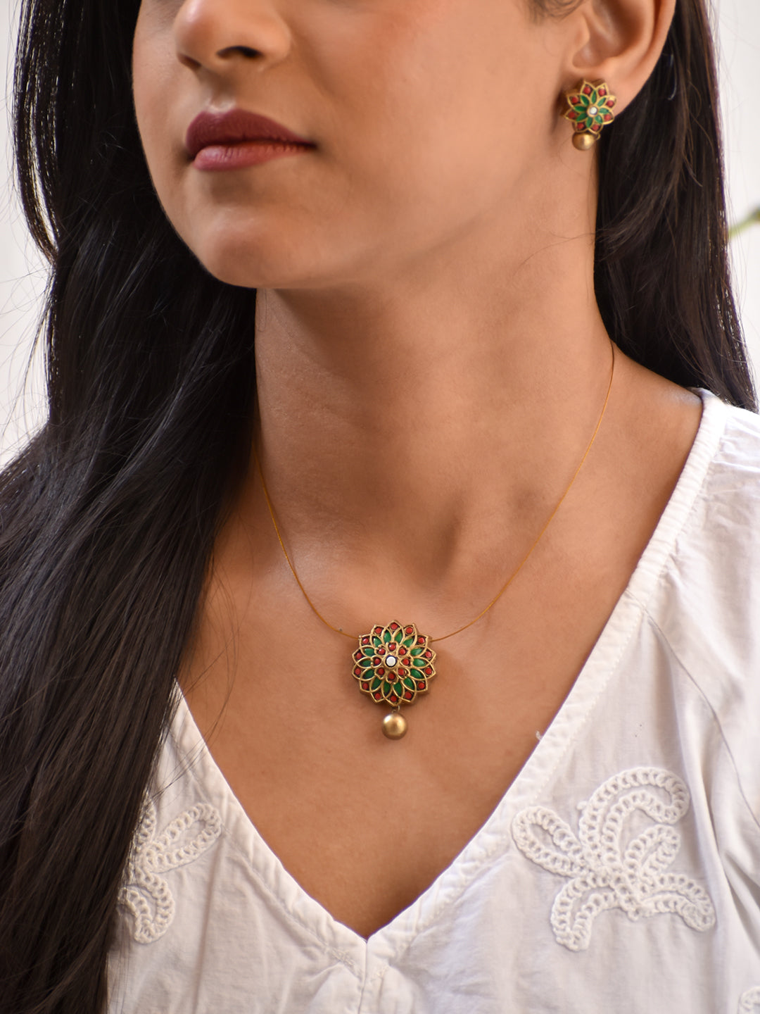 Terracotta Multicolor Floral Mandala Pendant Necklace with Gold Bead Drop & Matching Stud Earrings