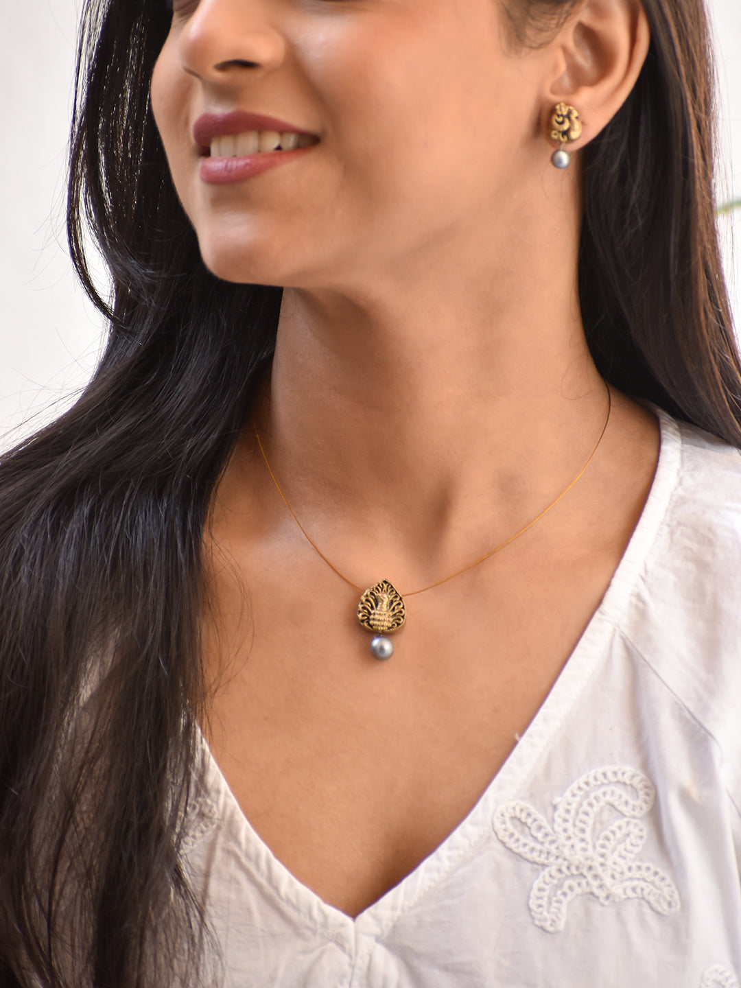 Terracotta Antique Gold Leaf Pendant Necklace with Grey Pearl Drop & Matching Stud Earrings