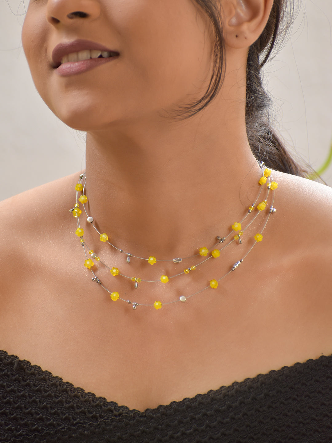 SunBloom – Yellow Floral Beaded Multi-Layer Necklace with German Silver Accents