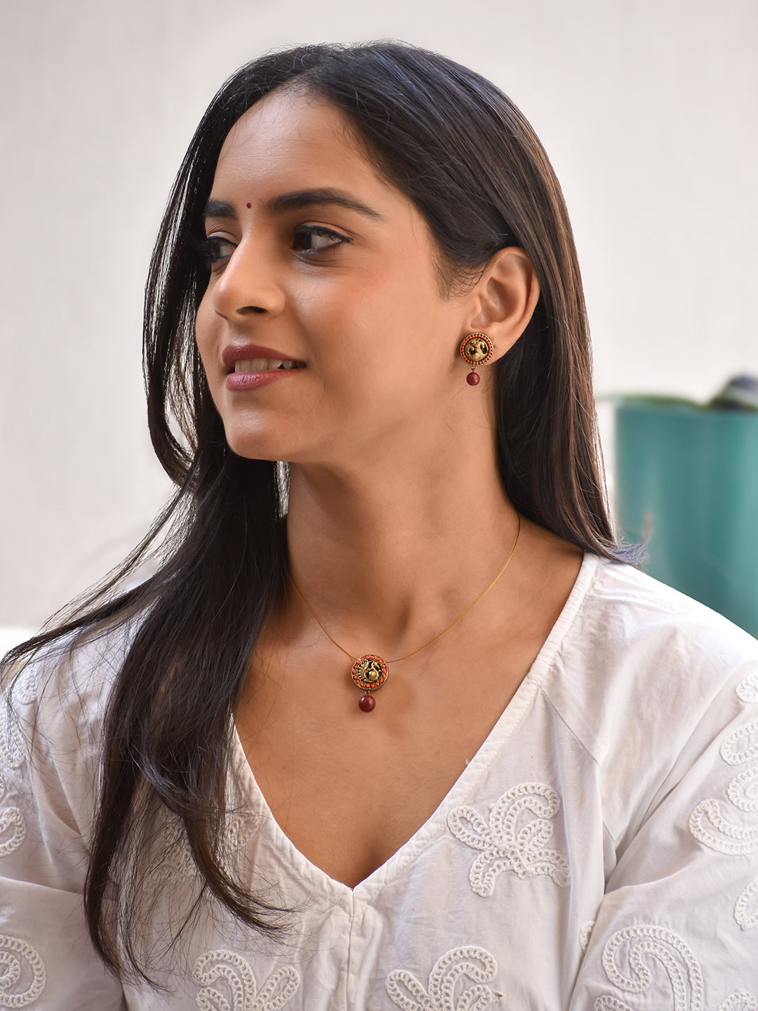 Terracotta Antique Coin Motif Pendant Necklace with Pink Bead Drop & Matching Stud Earrings