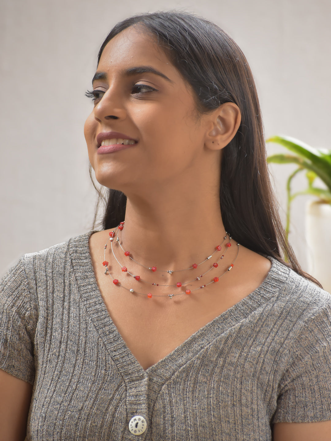 CrimsonBloom – Multi-Layer Red Beaded Necklace with German Silver Accents