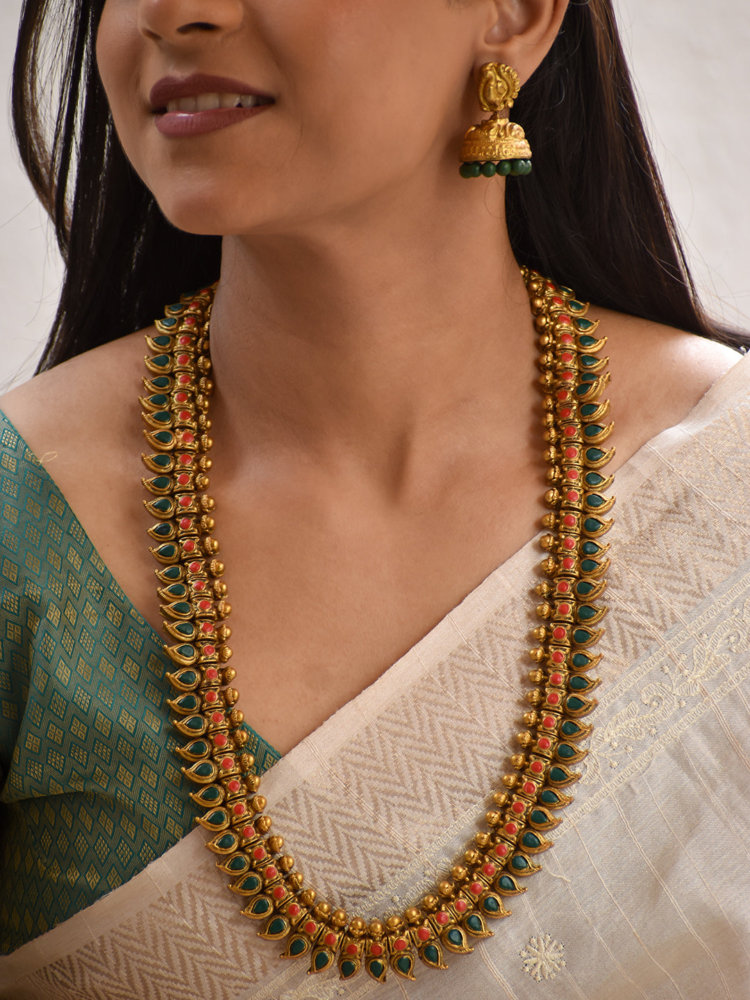 Terracotta Antique Gold Dual-Tone Temple Choker with Black Center Motif & Red Floral Drop