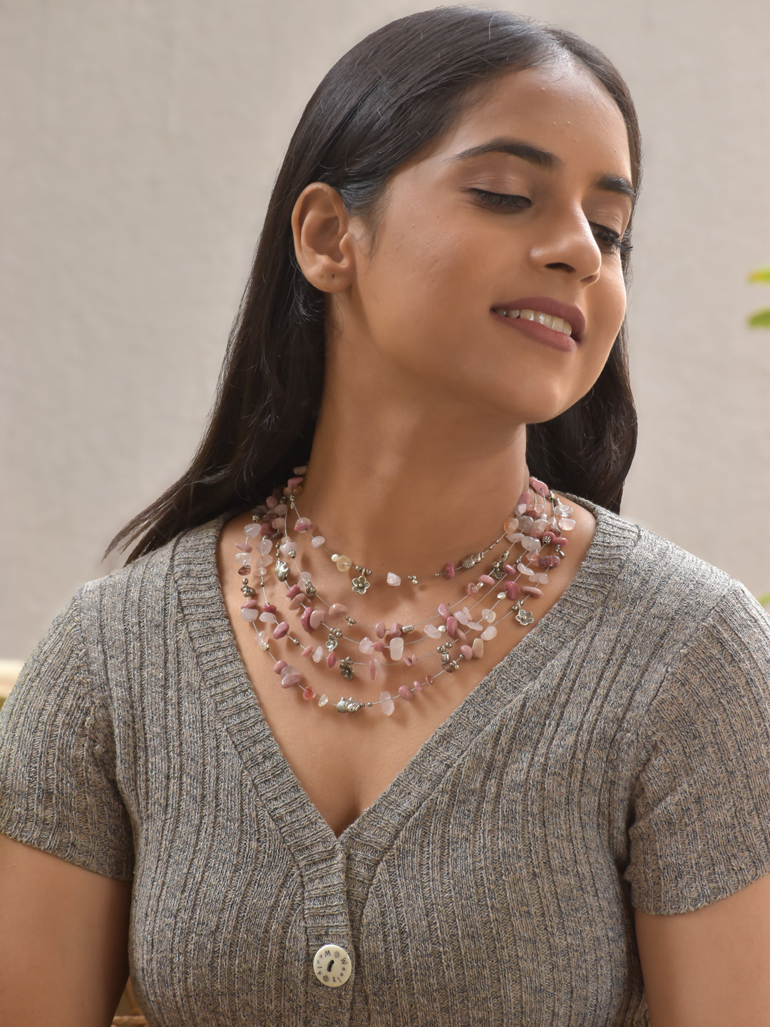 Rosalune – Multi-Layer Pink Rose Quartz Agate Necklace with German Silver Motifs