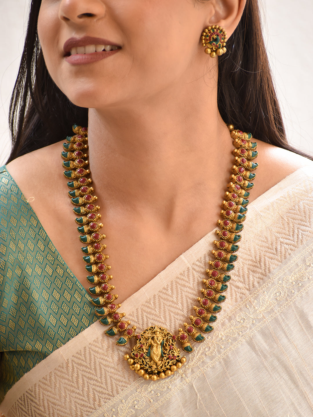 Terracotta Antique Gold Krishna Temple Necklace with Green Teardrop Stones & Red Accents