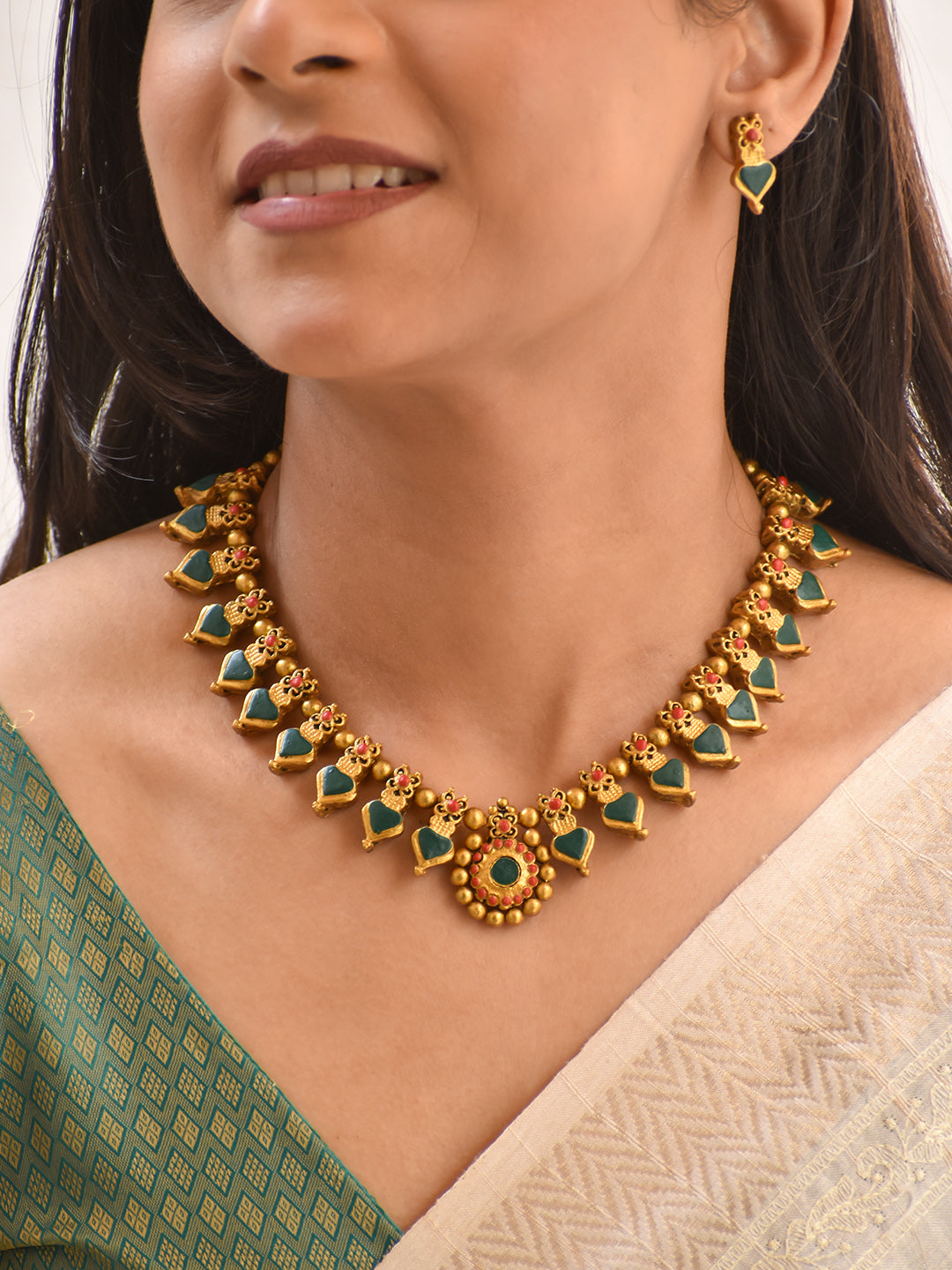 Terracotta Antique Gold Green Heart Motif Necklace with Floral Center Pendant