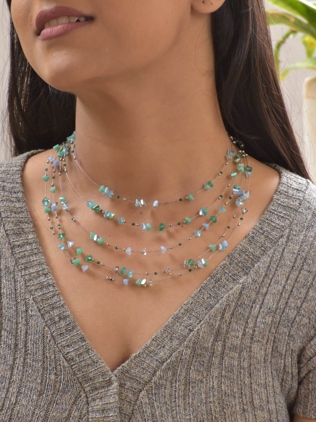 Verdiglow – Green & Blue Agate Multi-Layer Necklace with German Silver Accents