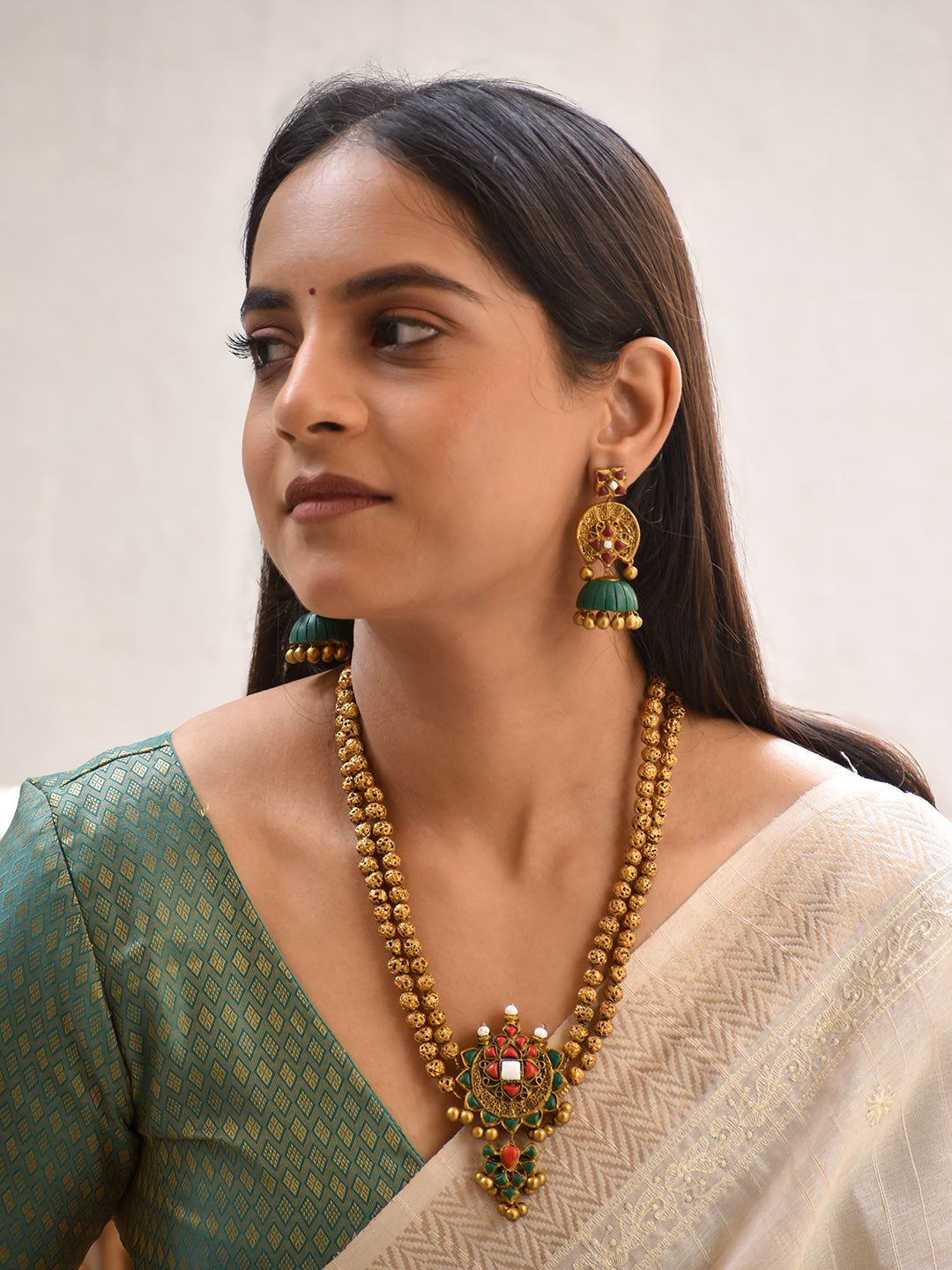 Terracotta Antique Gold Double-Bead Necklace with Floral Pendant & Green Jhumka Earrings