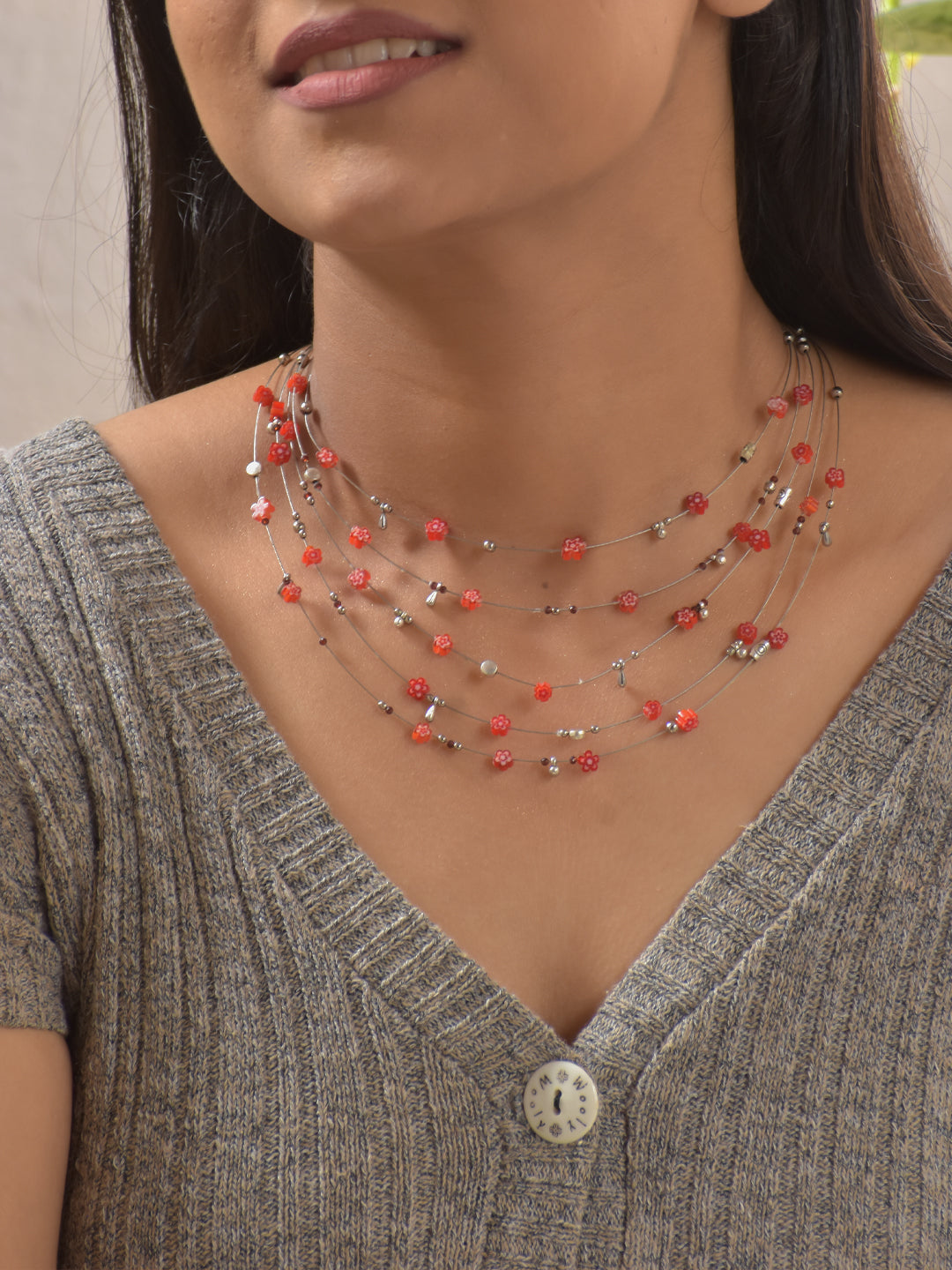 Rosabella – Multi-Layer Red Floral Beaded Necklace with German Silver Accents