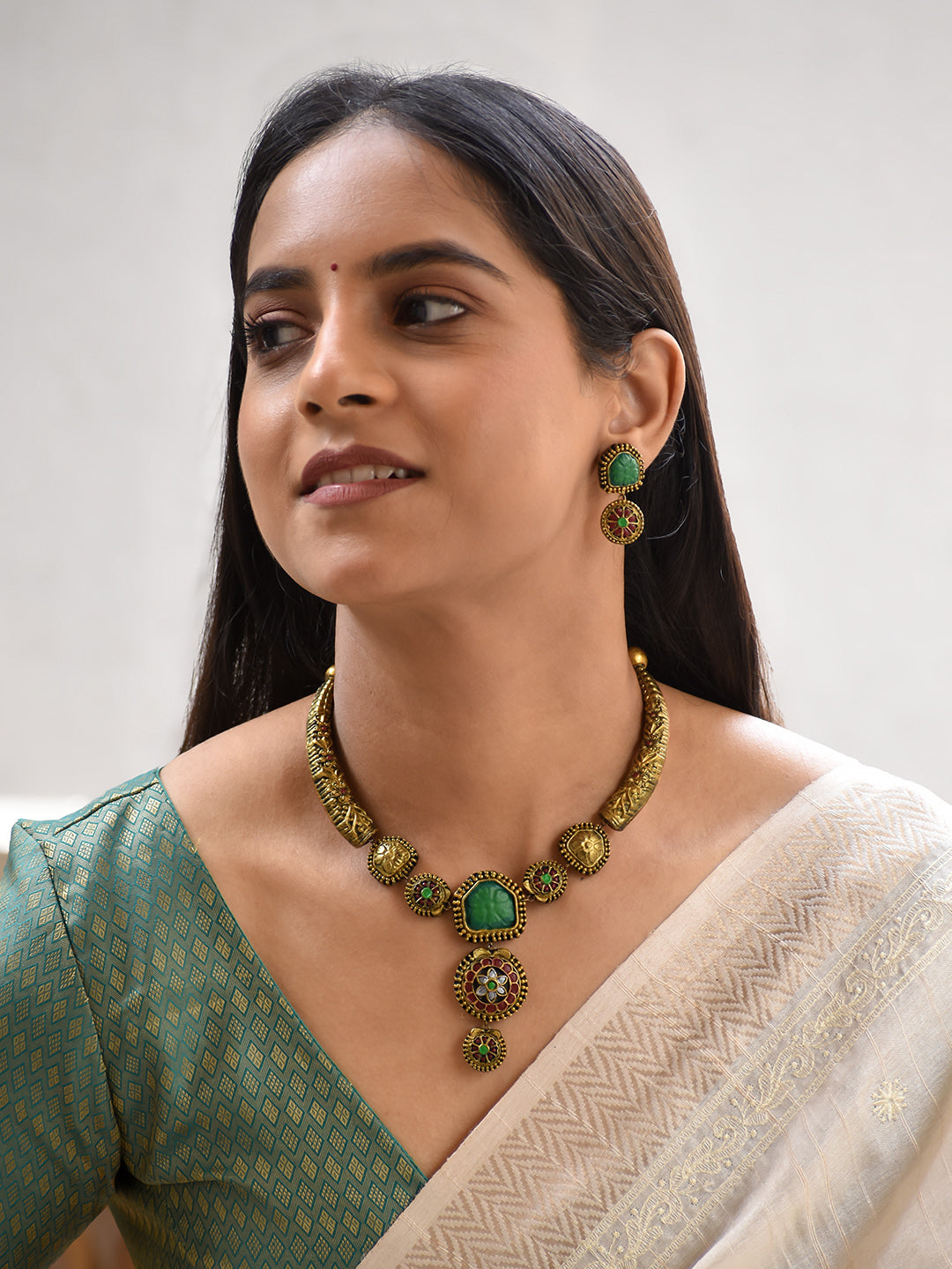 Terracotta Antique Gold Choker Necklace with Green Stone Pendant & Floral Motifs