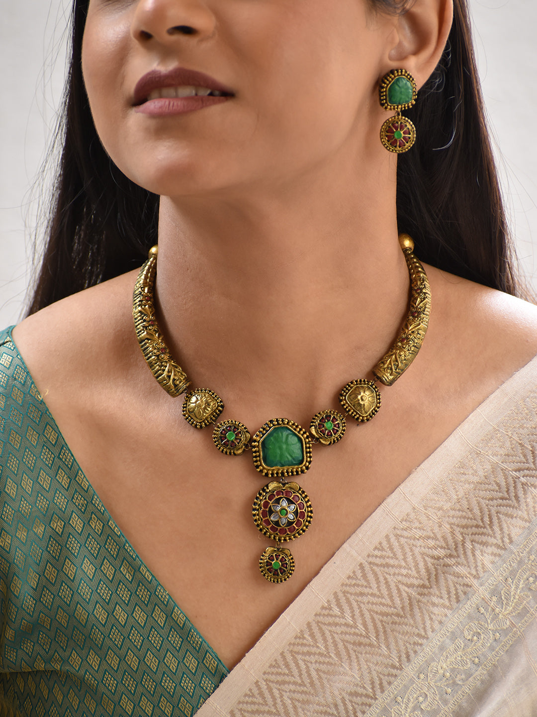 Terracotta Antique Gold Choker Necklace with Green Stone Pendant & Floral Motifs