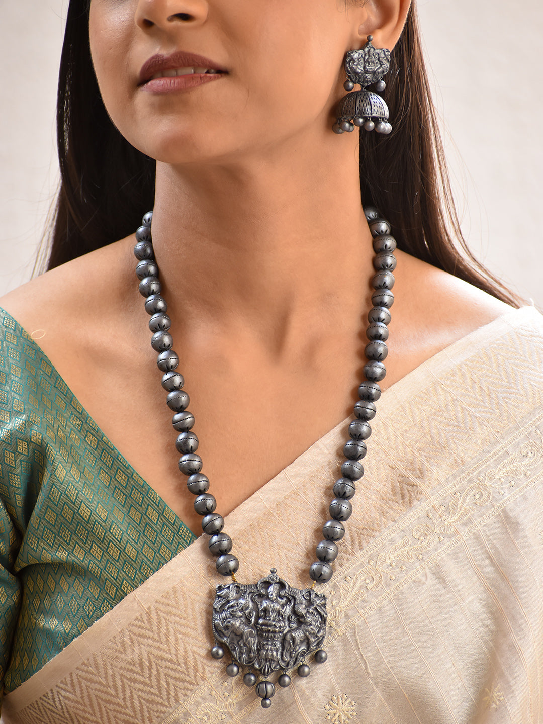 Terracotta Oxidized Silver Bead Necklace with Temple Goddess Pendant
