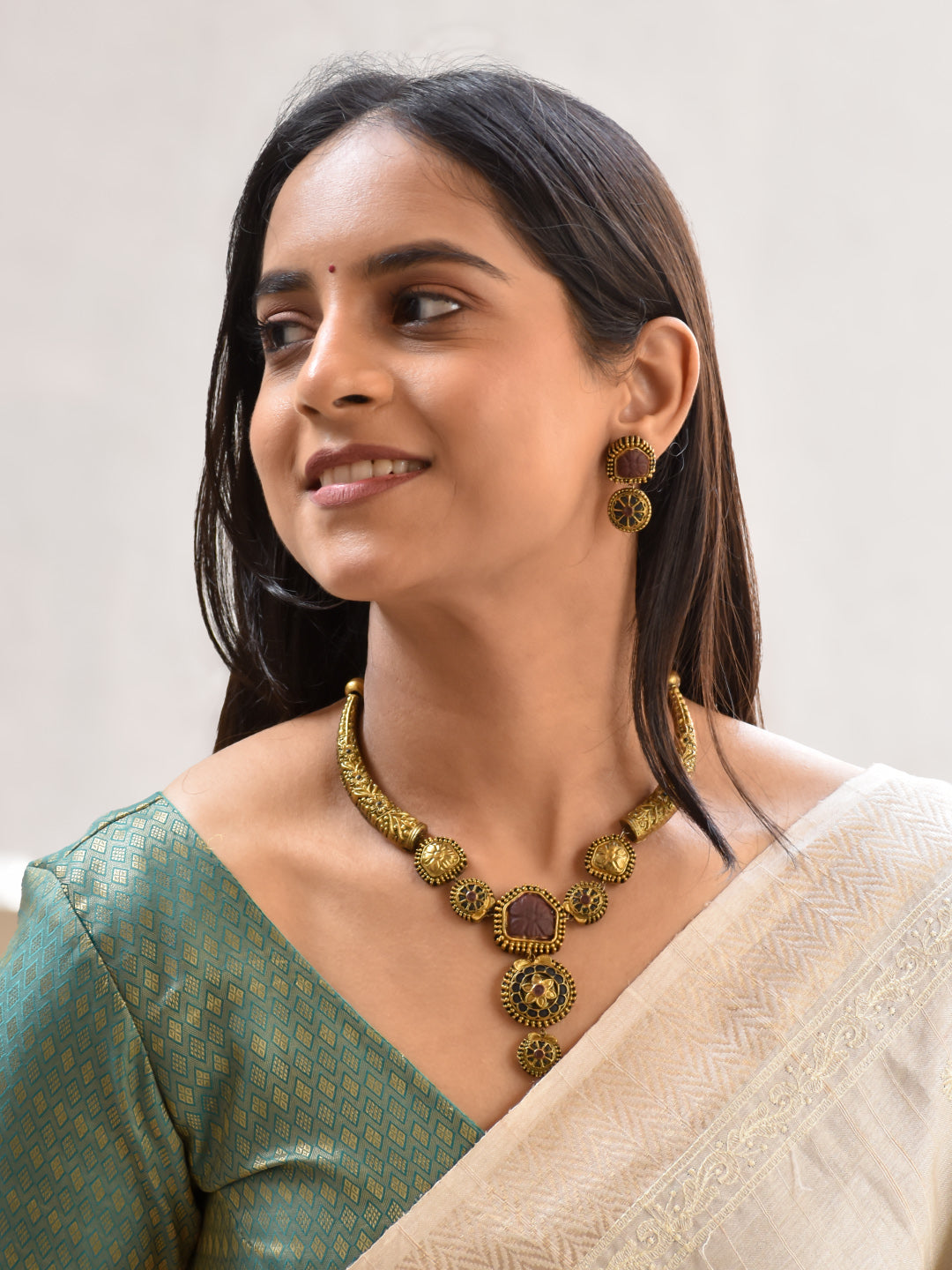Terracotta Antique Gold Choker Necklace with Carved Stone Pendant & Floral Drops