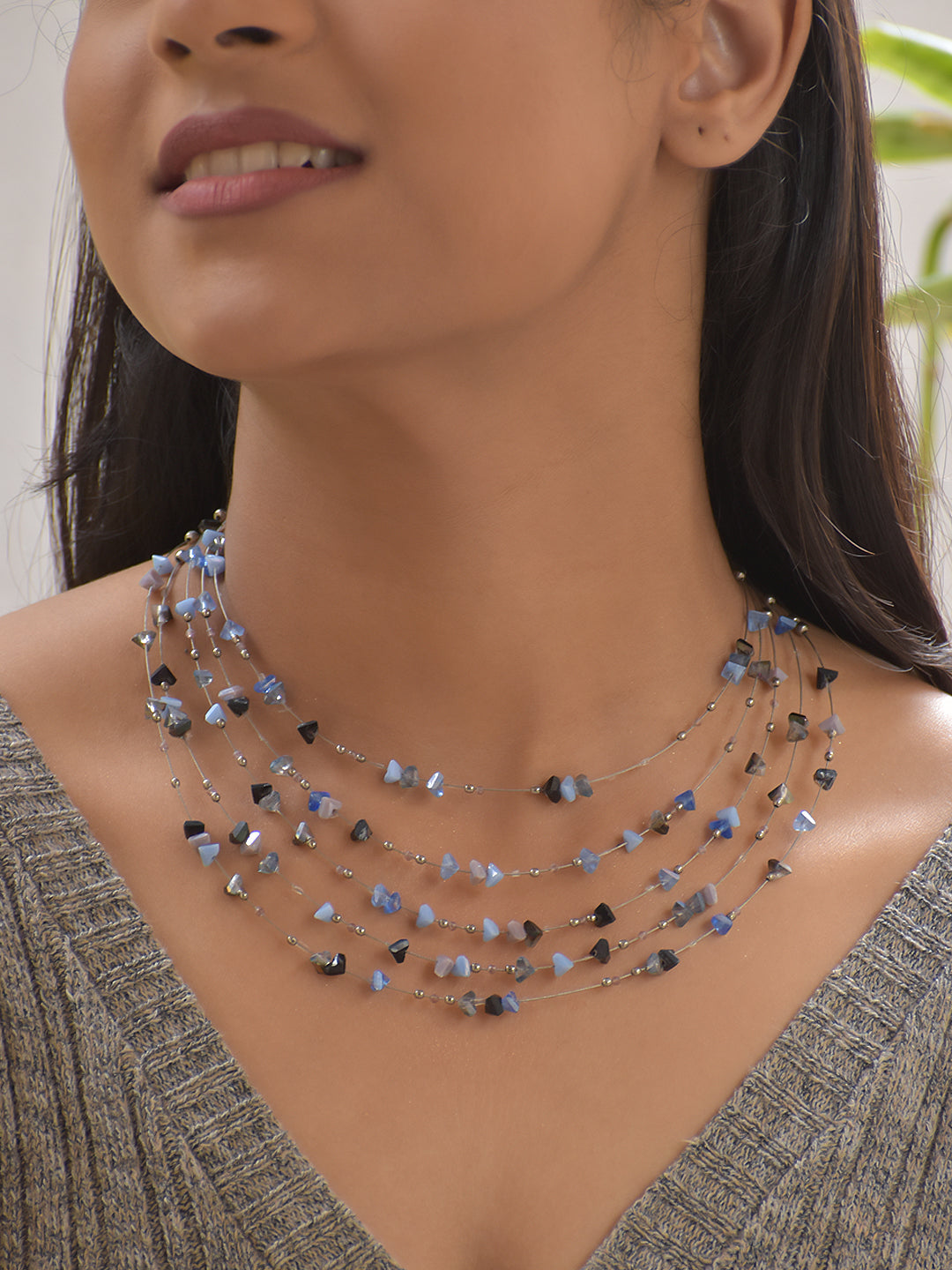Starlace – Multi-Layer Agate Gemstone Choker Necklace Dainty Blue & Black Crystal Beaded Statement Jewelry