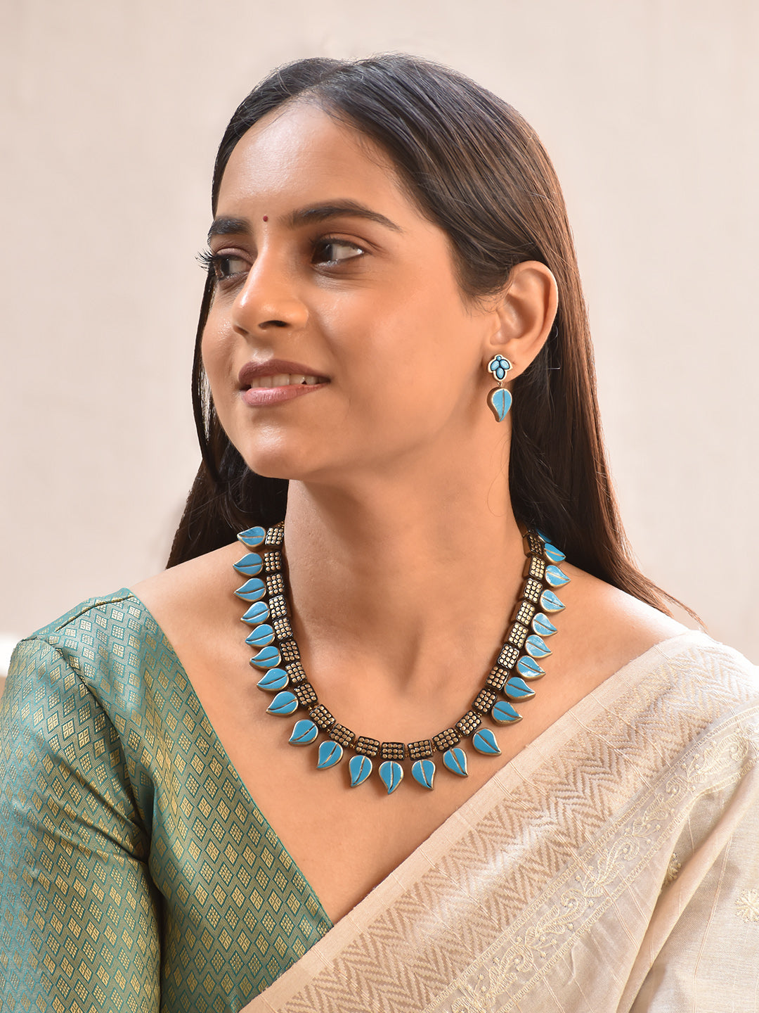 Terracotta Sky Blue Teardrop Motif Choker Necklace with Geometric Bead Detailing