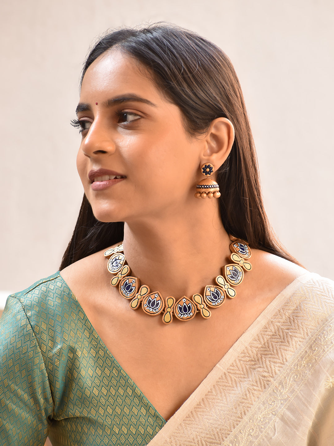 Terracotta Hand-Painted Lotus Motif Choker Necklace with Floral Jhumka Earrings