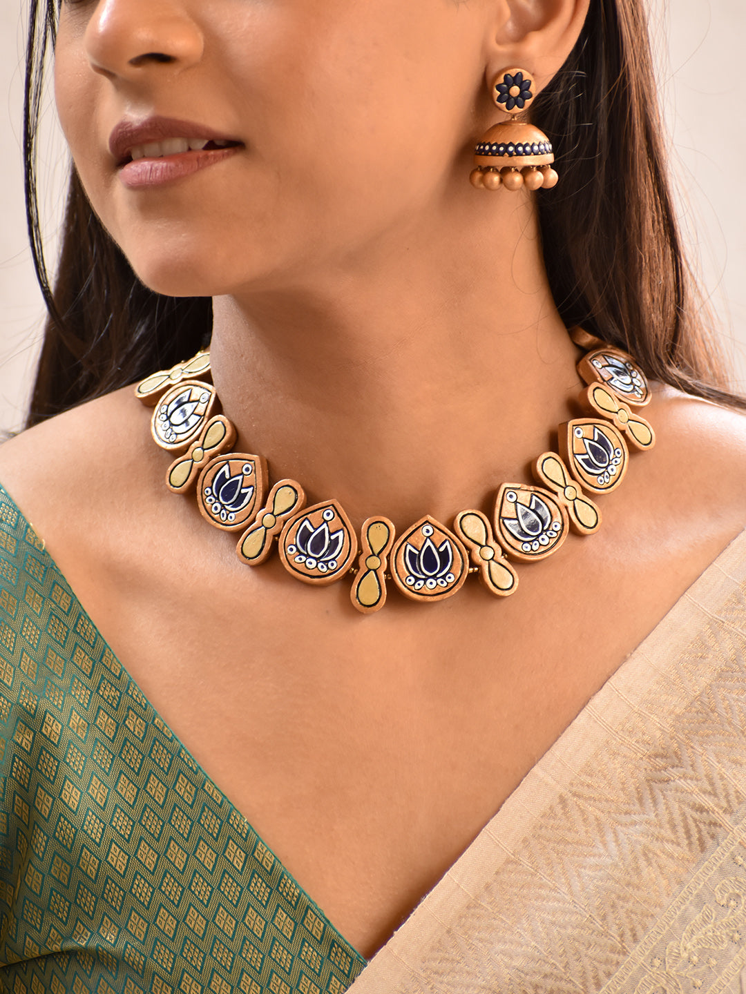Terracotta Hand-Painted Lotus Motif Choker Necklace with Floral Jhumka Earrings