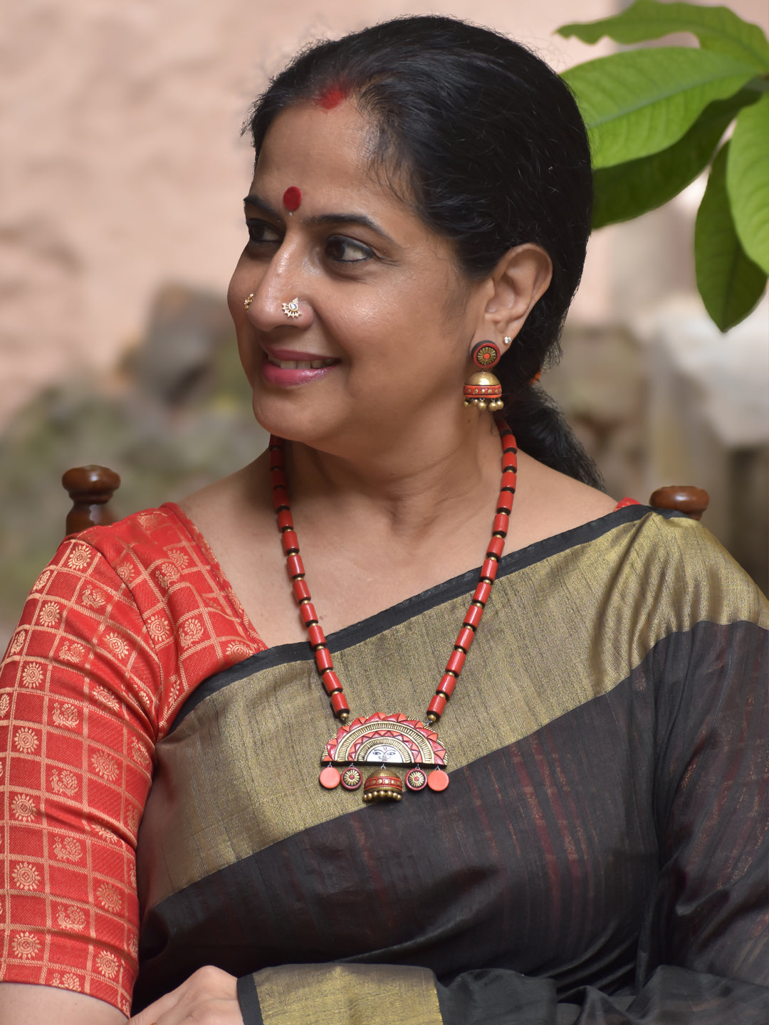 Rangini - Handmade Terracotta Kathakali Red Necklace Set – in Red and Antique Gold Bold Artistic Statement Matching Earrings