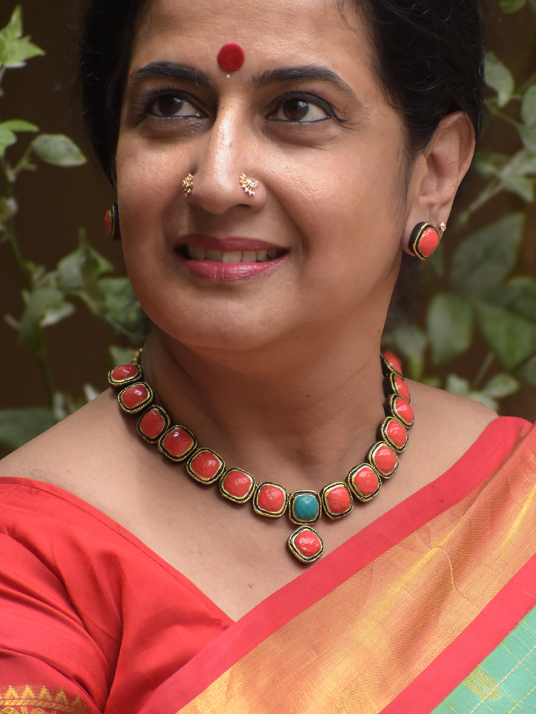 Handcrafted Square Design Terracotta Choker Set in Red & Blue Accent