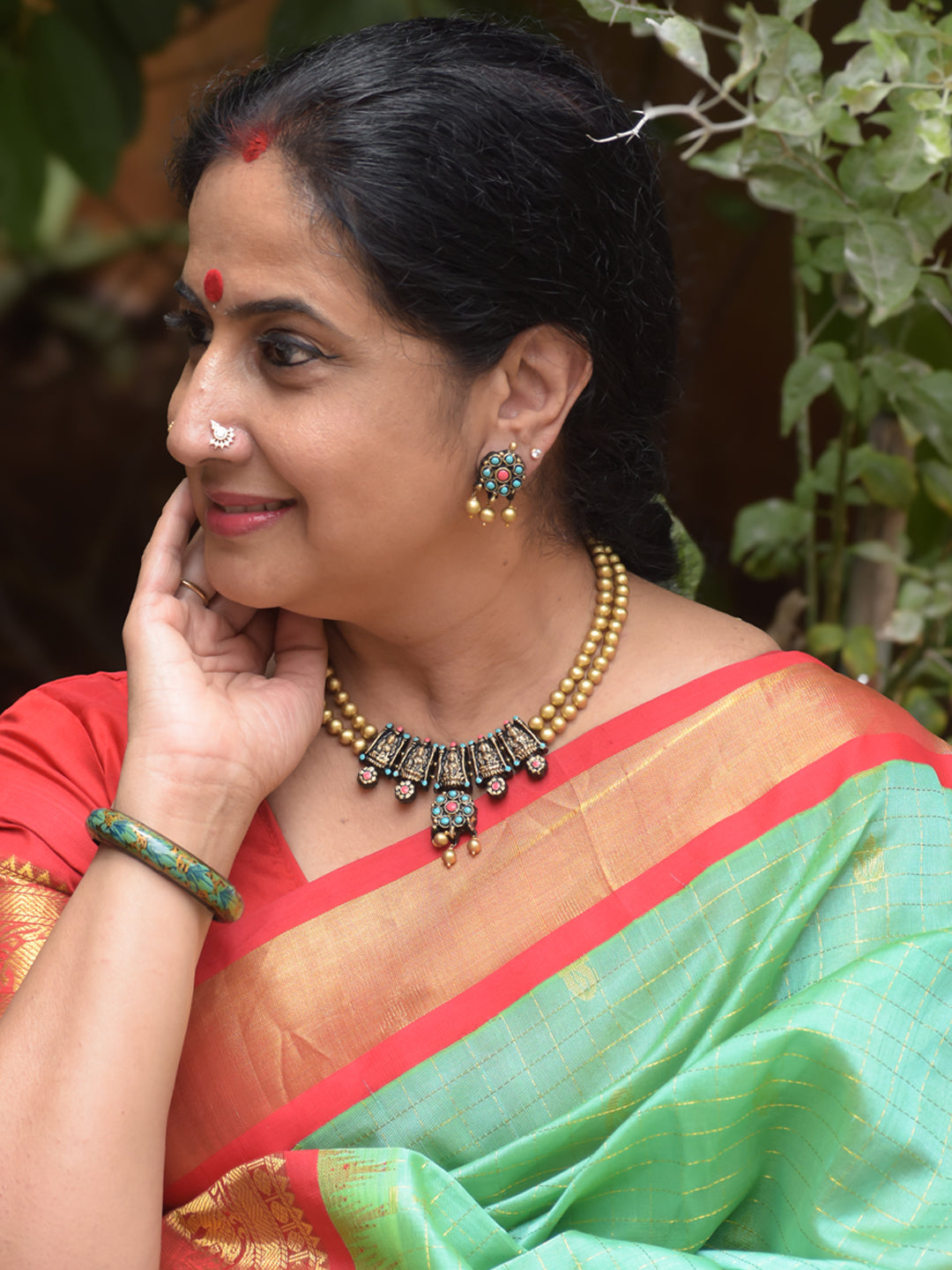 Handcrafted Terracotta Lakshmi Design Choker Necklace Set in Antique Gold, Blue and Red