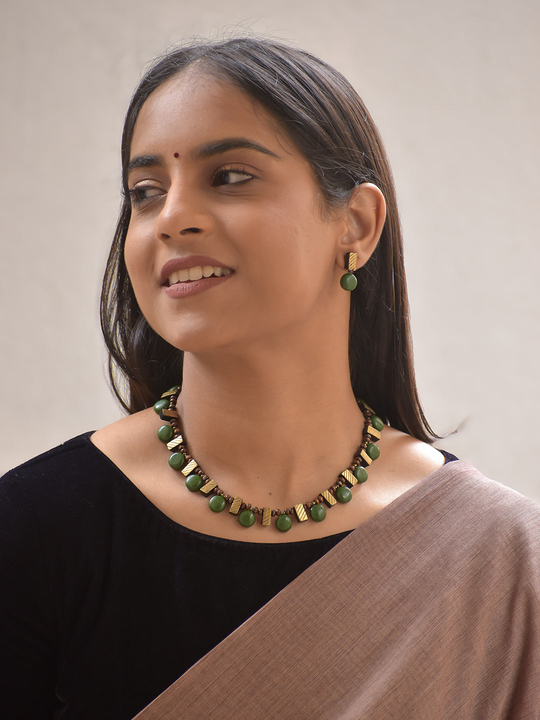 Varnika – Handmade Terracotta Green Bead Necklace Set with Textured Antique Bars and Matching Drop Earrings