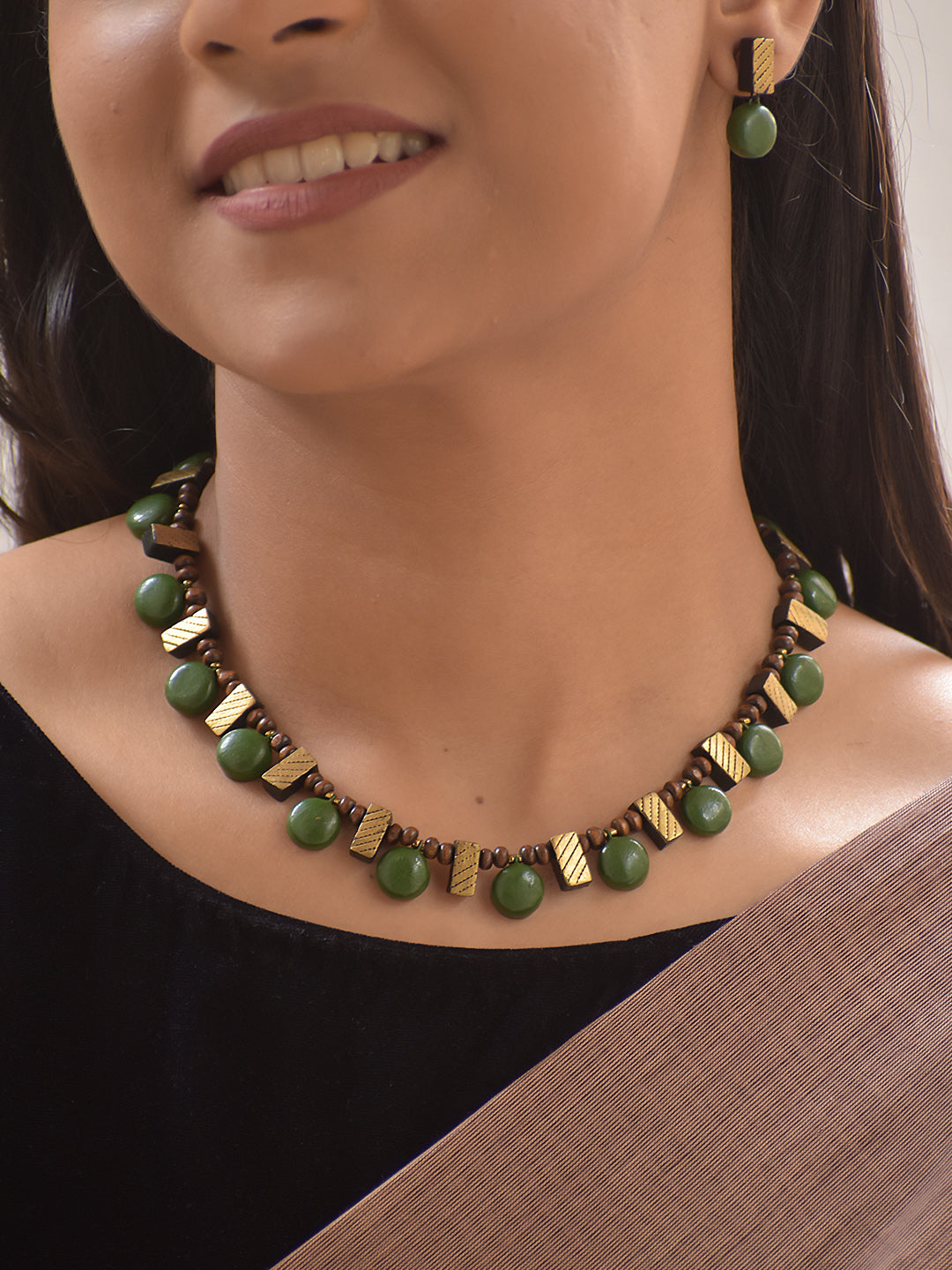 Varnika – Handmade Terracotta Green Bead Necklace Set with Textured Antique Bars and Matching Drop Earrings