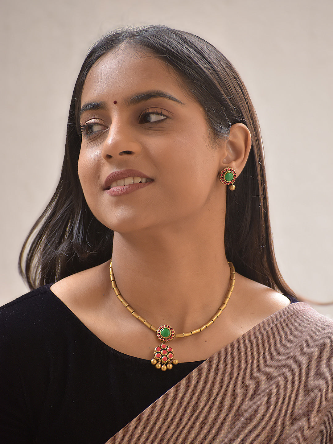 Rangtara – Handmade Terracotta Beaded Necklace Set with Green Centerpiece, Pink Stud Motifs & Antique Gold Drops